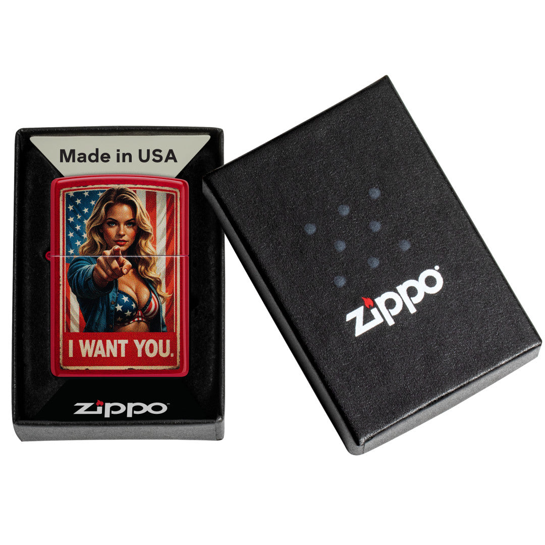 Zippo I Want You Design Candy Apple Red Windproof Lighter in its packaging.