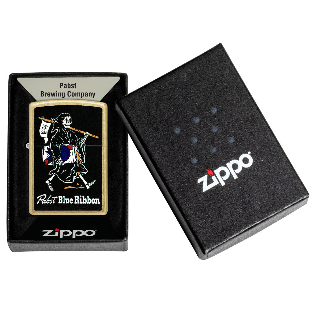Zippo Pabst Blue Ribbon® Reaper Design Street Brass Windproof Lighter in its packaging.