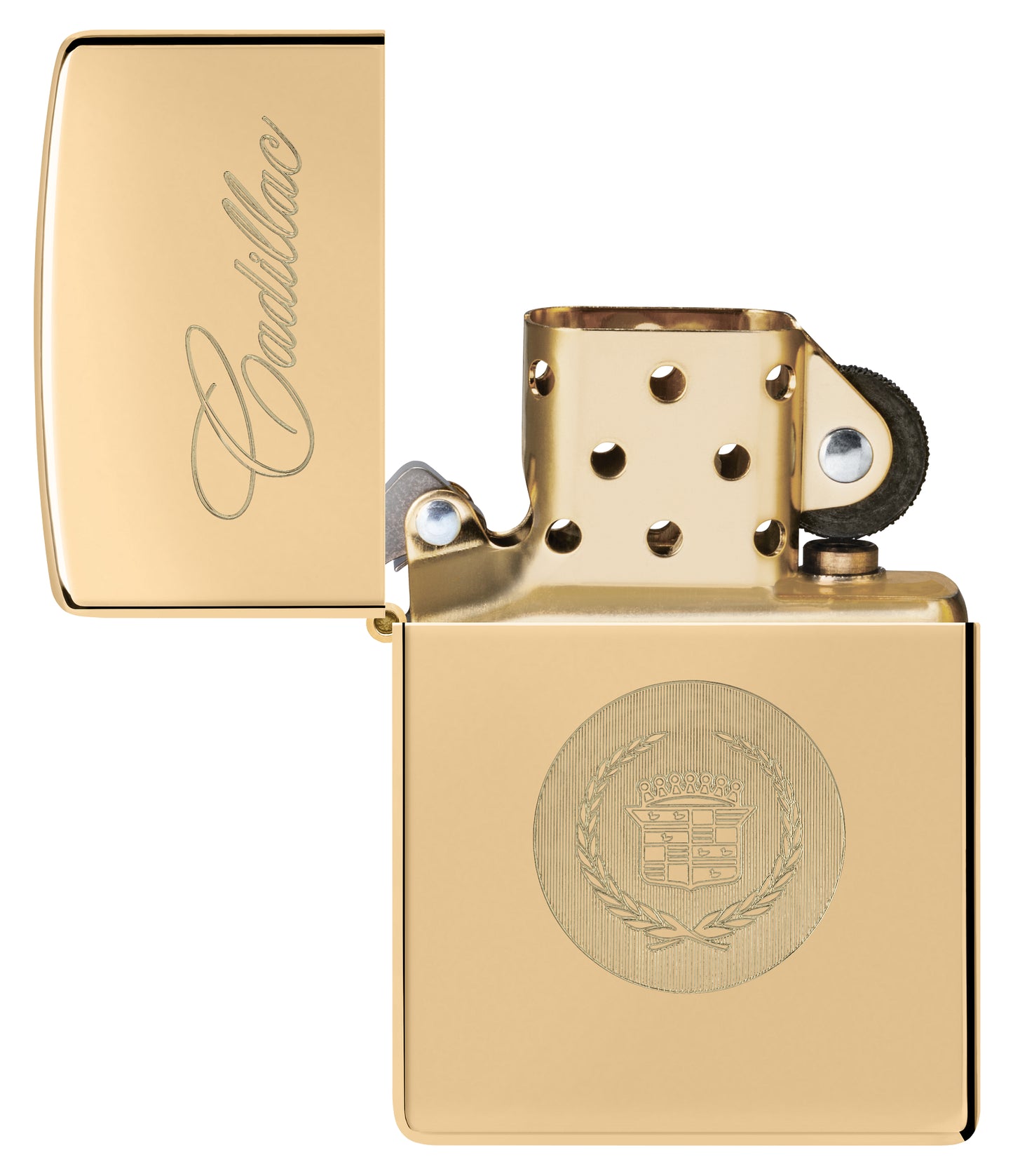 Zippo Cadillac® Crest High Polish Brass Windproof Lighter with its lid open and unlit.