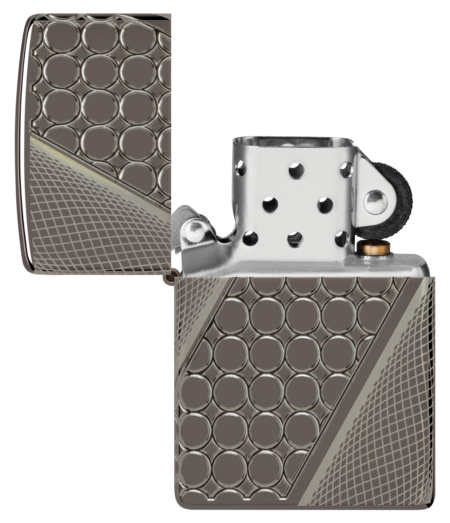 Zippo Deep Dots Design Armor® Black Ice® Windproof Lighter with its lid open and unlit.