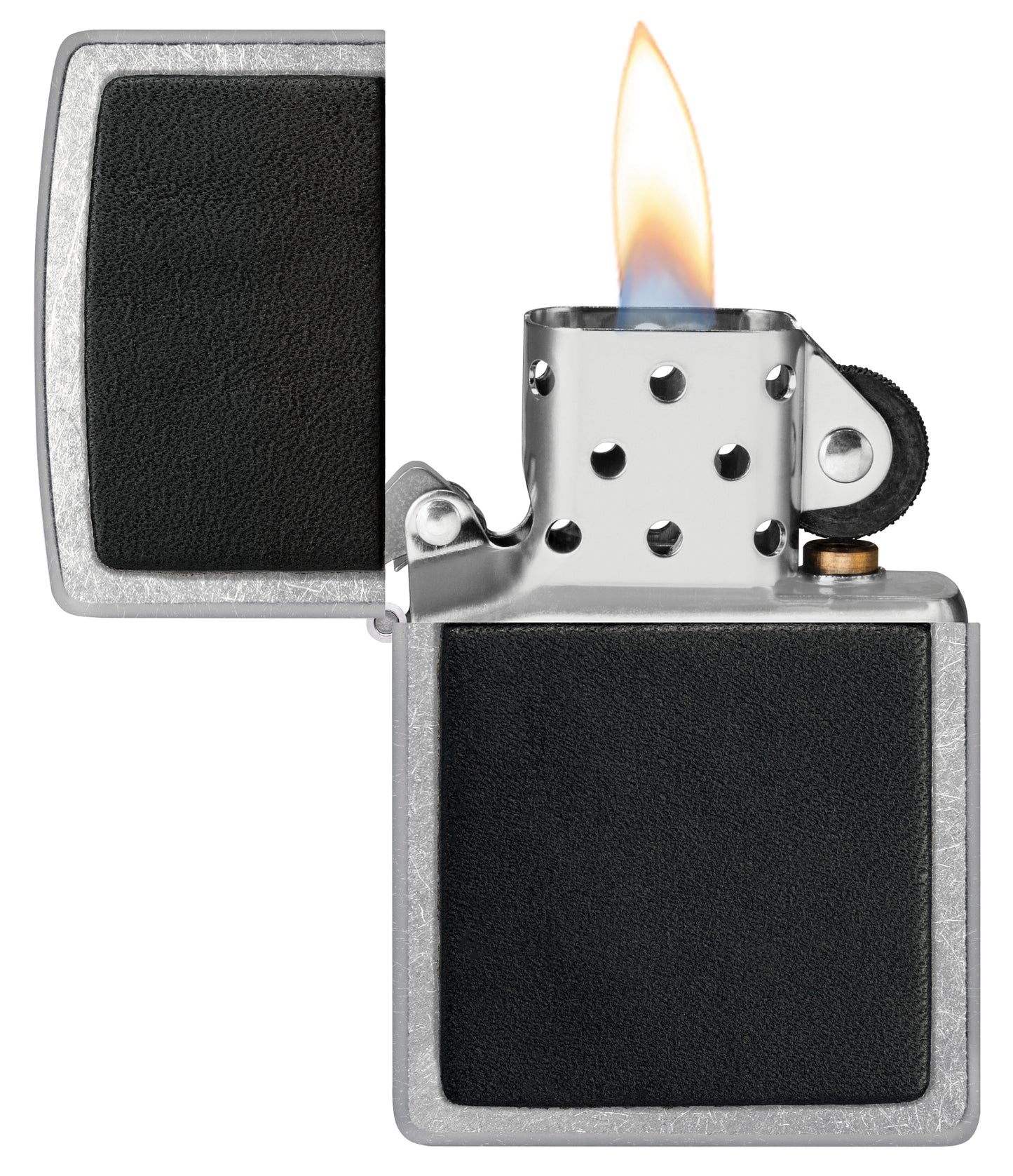 Zippo Black Leather Emblem Street Chrome Windproof Lighter with its lid open and lit.