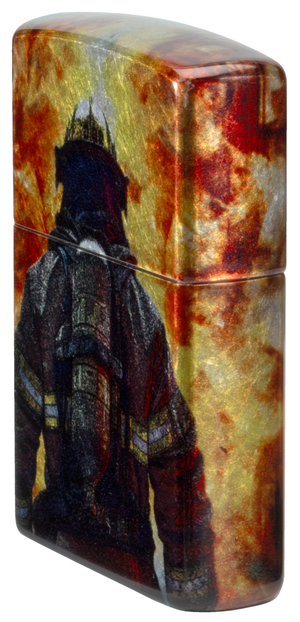 Angled shot of  Zippo Firefighter Fusion Design 540 Tumbled Chrome Windproof Lighter showing the front and right sides of the lighter.