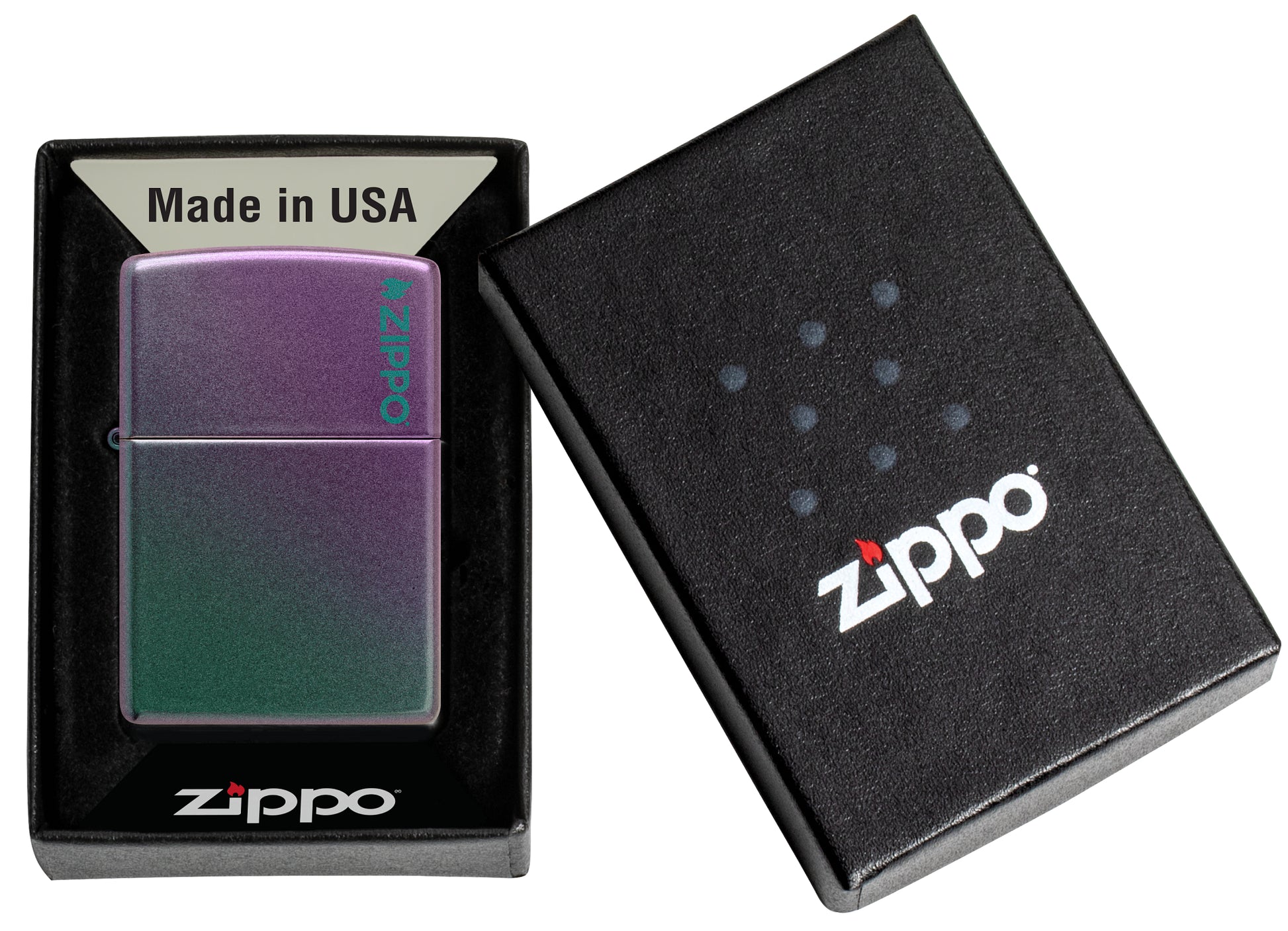 Classic Iridescent Zippo Logo Windproof Lighter in its packaging.