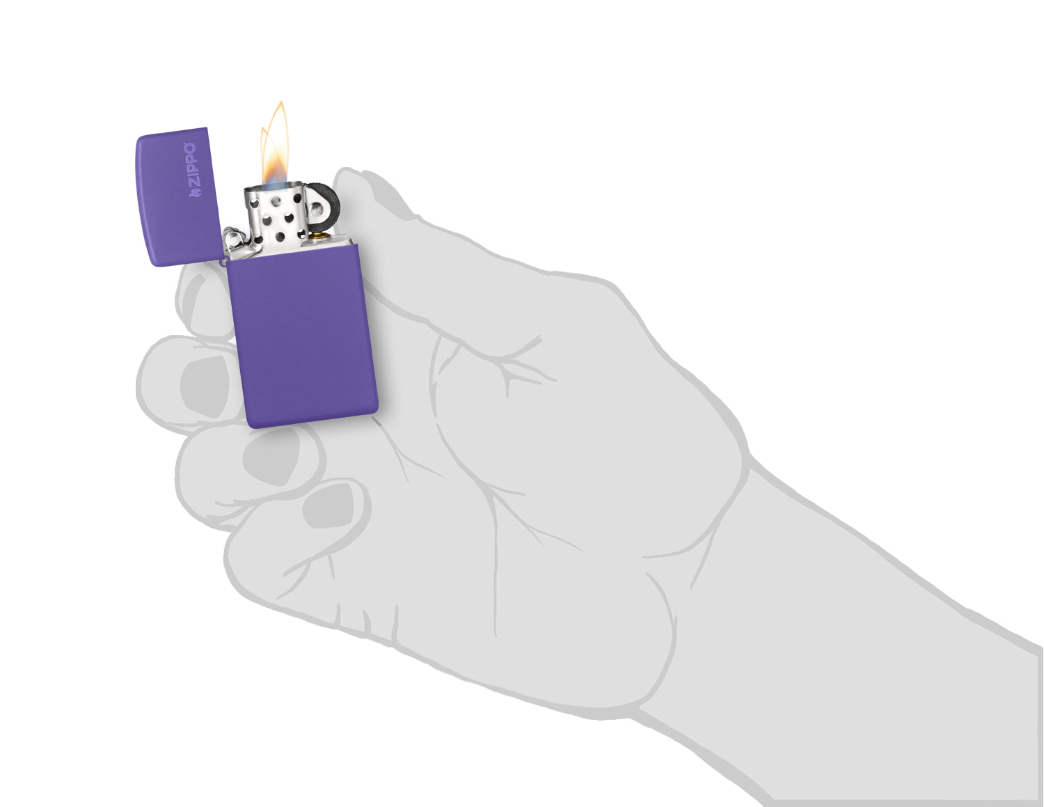 Slim® Purple Matte Zippo Logo Windproof Lighter lit in hand.
