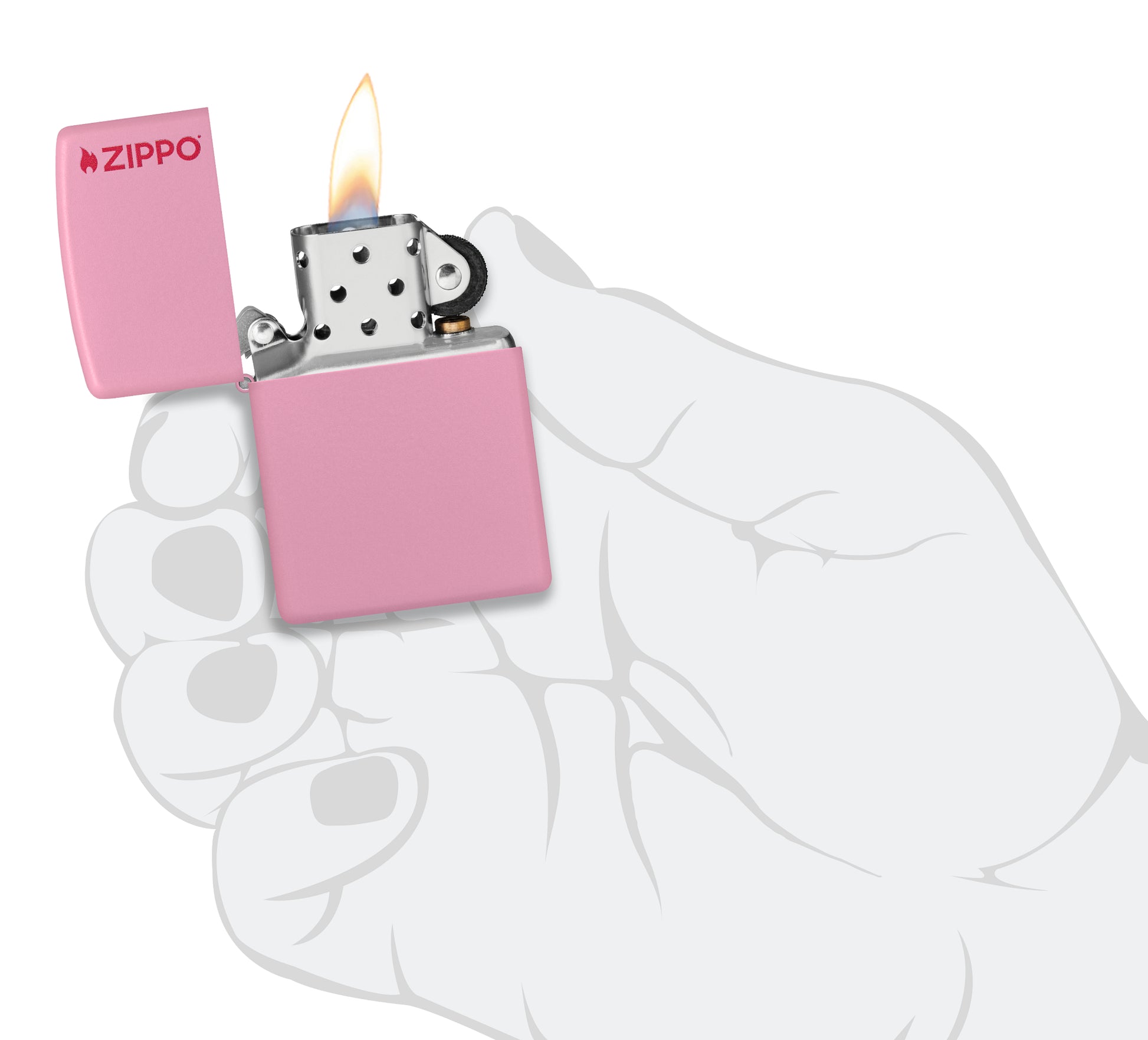 Classic Pink Matte Zippo Logo Windproof Lighter lit in hand.