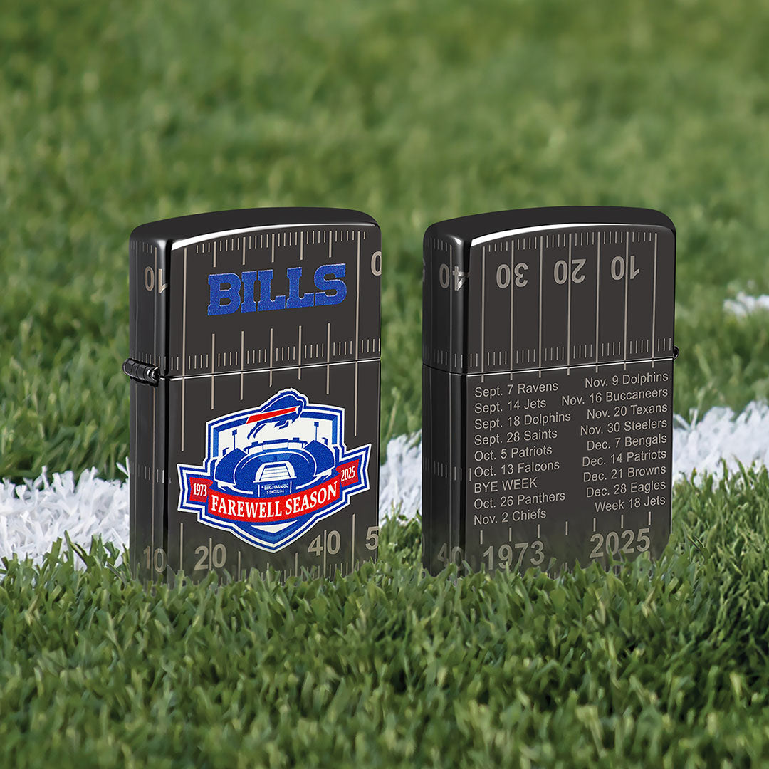 Bills Farewell Season Zippo Lighter on a football field background.