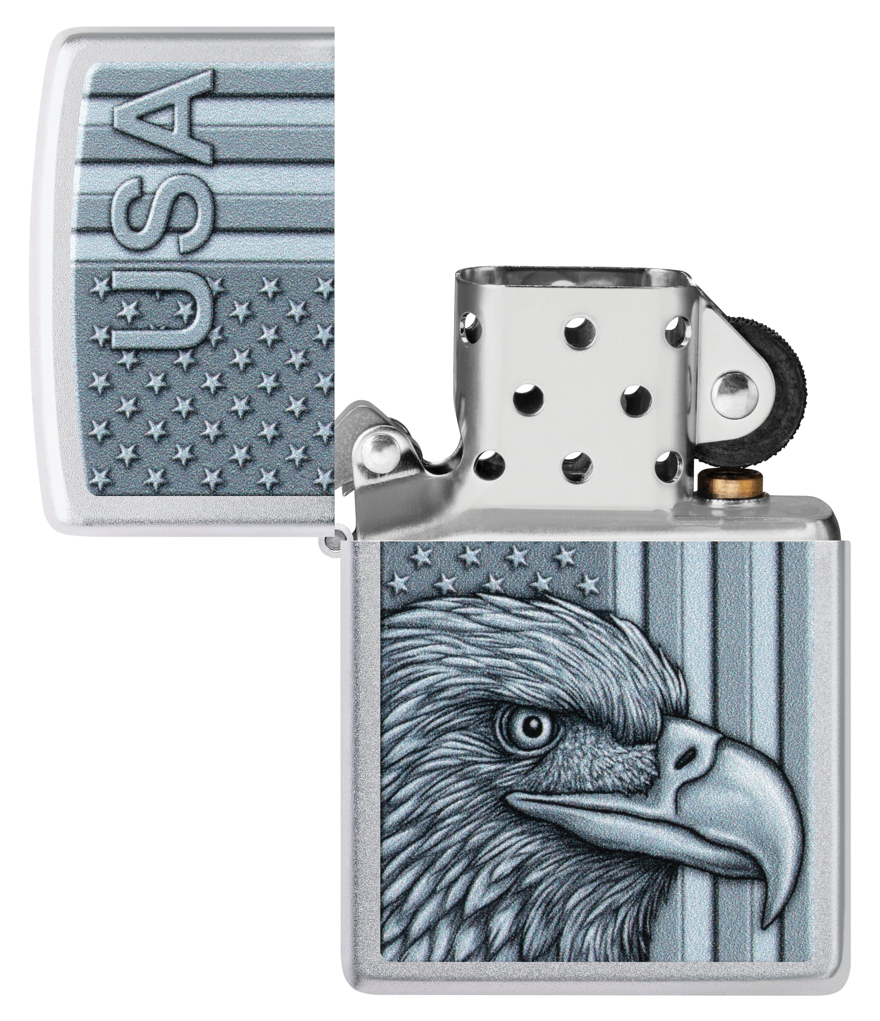 Zippo USA Pride Design Satin Chrome Windproof Lighter with its lid open and unlit.