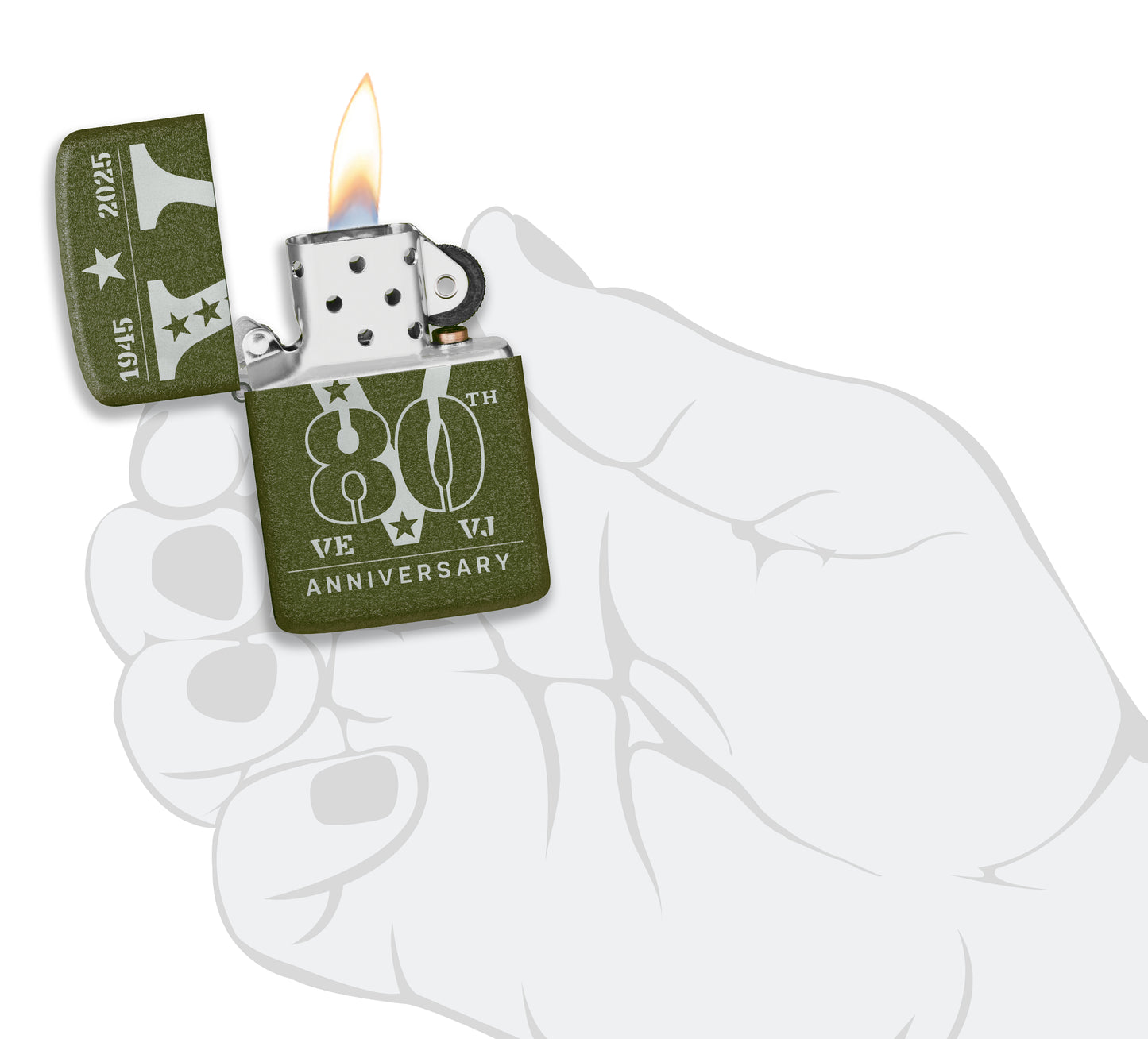 Zippo VE/VJ 80th Anniversary Collectible Steel Lighter lit in hand.