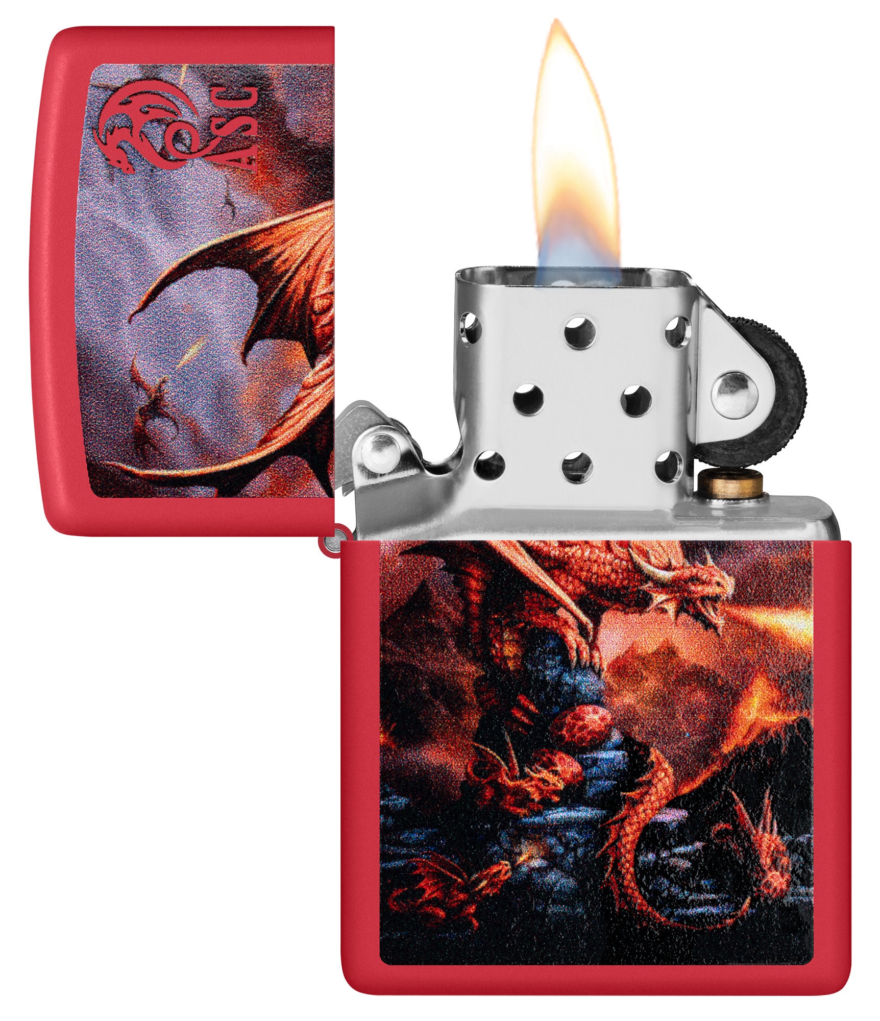 Zippo Anne Stokes Fire Dragon Design Red Matte Windproof Lighter with its lid open and lit.