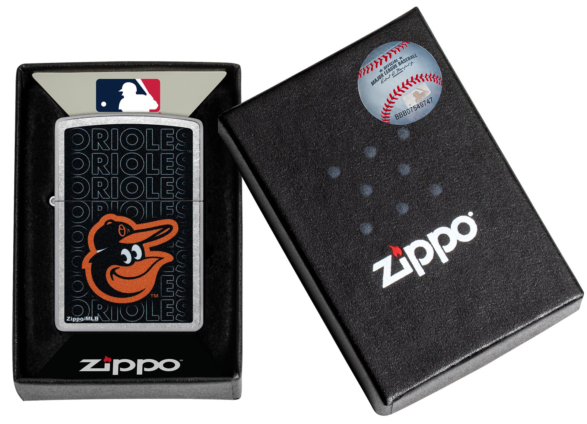 Zippo MLB® Baltimore Orioles Street Chrome Windproof Lighter in its packaging.