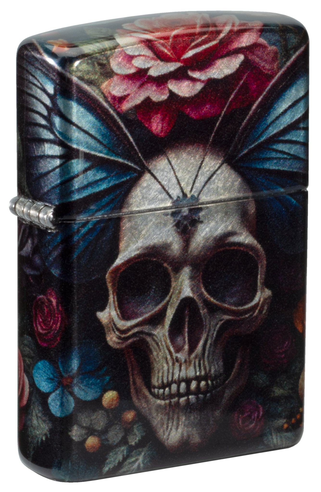 Front shot of Zippo Butterfly Skull Design 540 Tumbled Chrome Windproof Lighter  standing at a 3/4 angle.