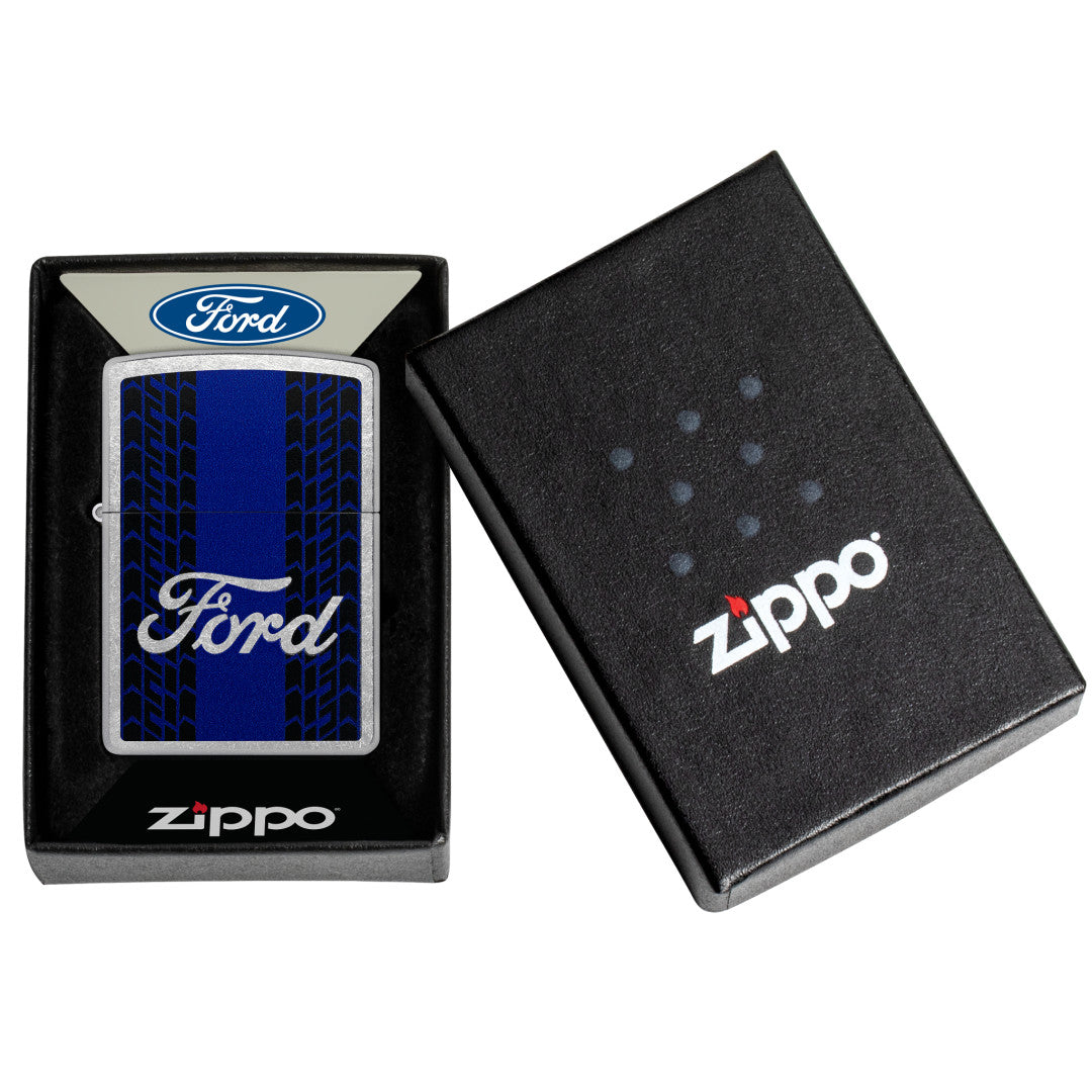 Zippo Ford Racing Stripes Design Street Chrome Windproof Lighter in its packaging.