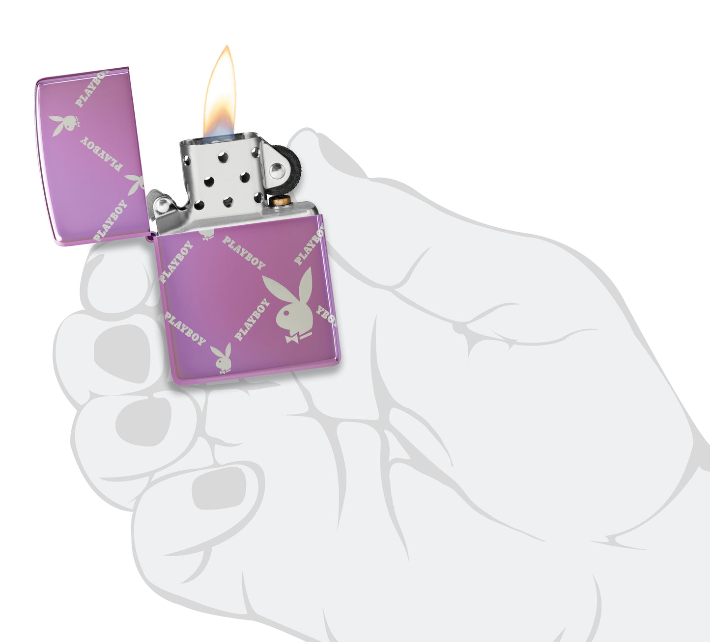 Zippo Playboy Argyle Design High Polish Purple Windproof Lighter lit in hand.