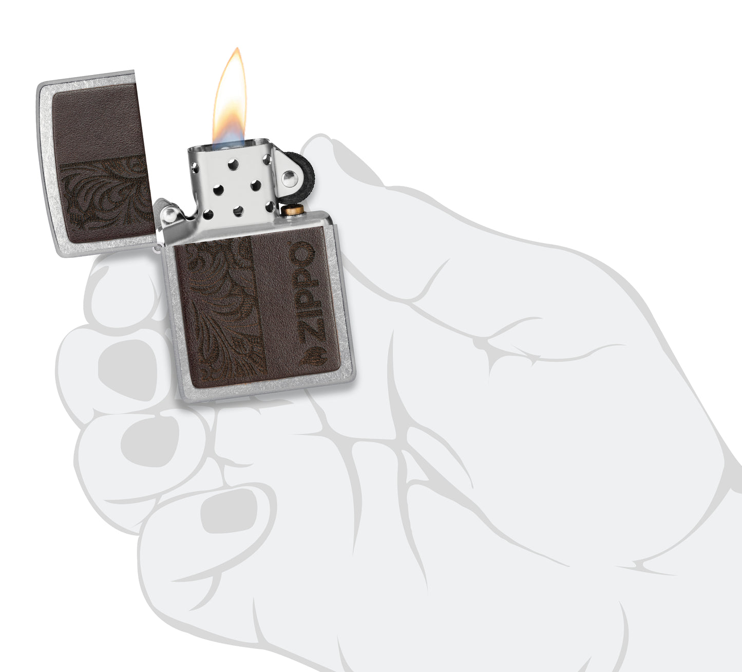 Zippo Brown Leather Emblem - Zippo Design Street Chrome Windproof Lighter lit in hand.
