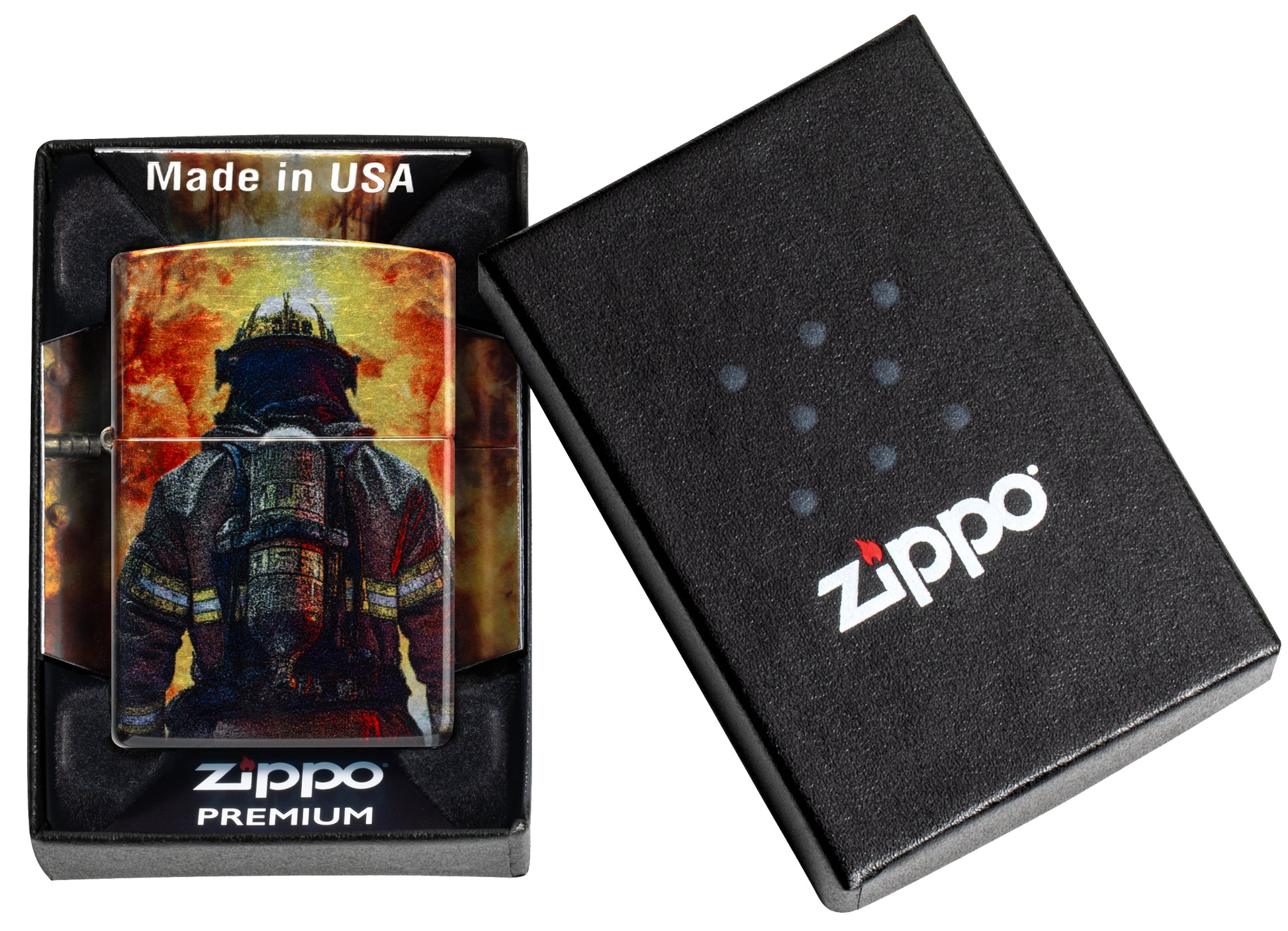 Zippo Firefighter Fusion Design 540 Tumbled Chrome Windproof Lighter in its packaging.