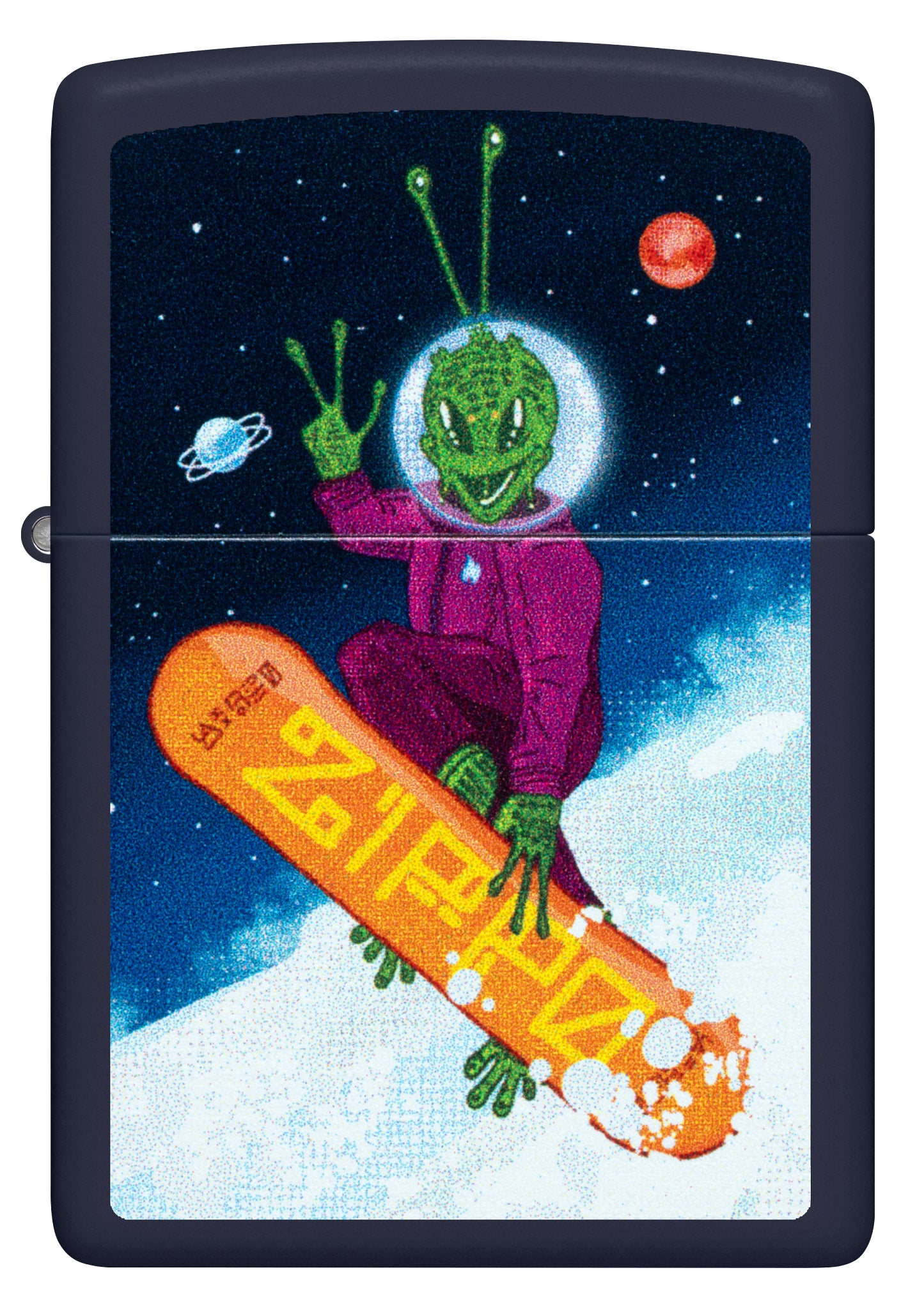 Front view of Zippo Space Shredder Design Navy Matte Windproof Lighter.