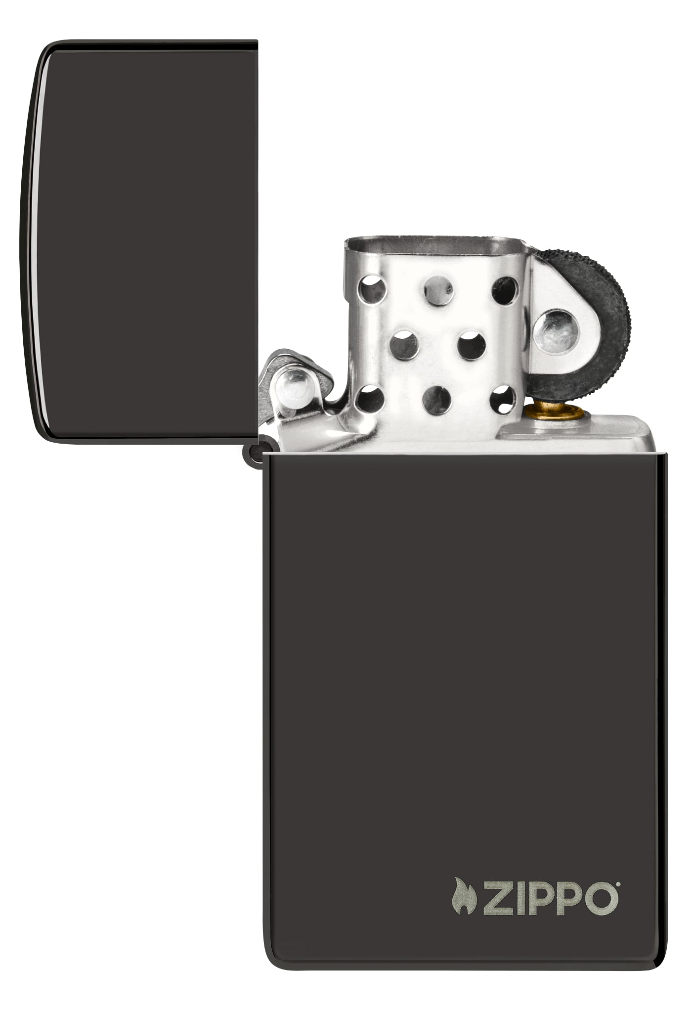 Slim® High Polish Black Zippo Logo Windproof Lighter with its lid open and unlit.