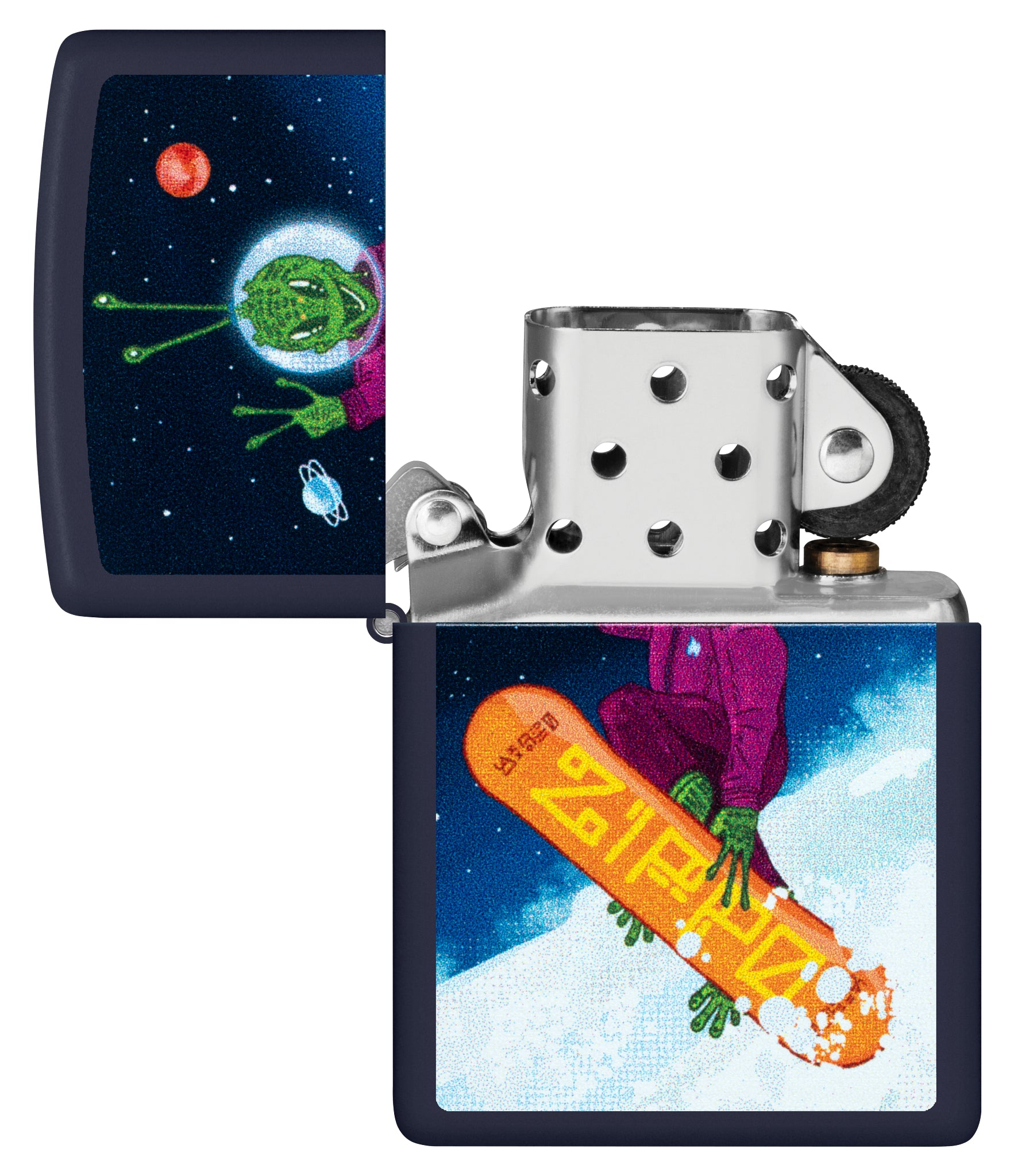 Zippo Space Shredder Design Navy Matte Windproof Lighter with its lid open and unlit.