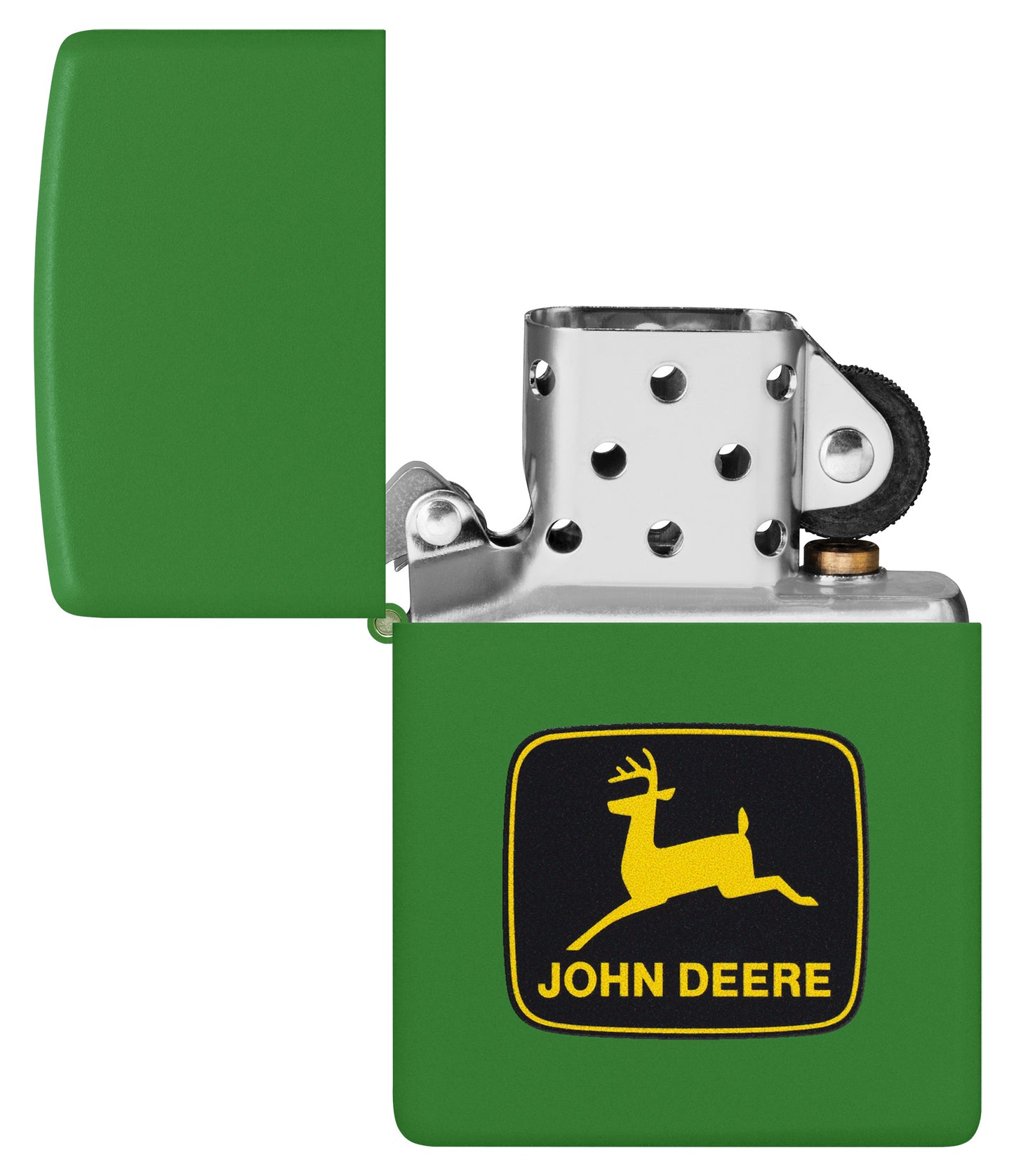 Zippo John Deere Logo Design Moss Green Pocket Lighter with its lid open and unlit.