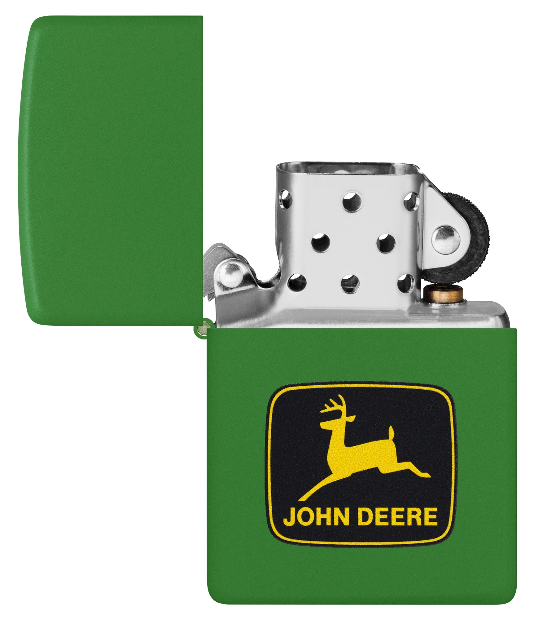 Zippo John Deere Logo Design Moss Green Pocket Lighter with its lid open and unlit.