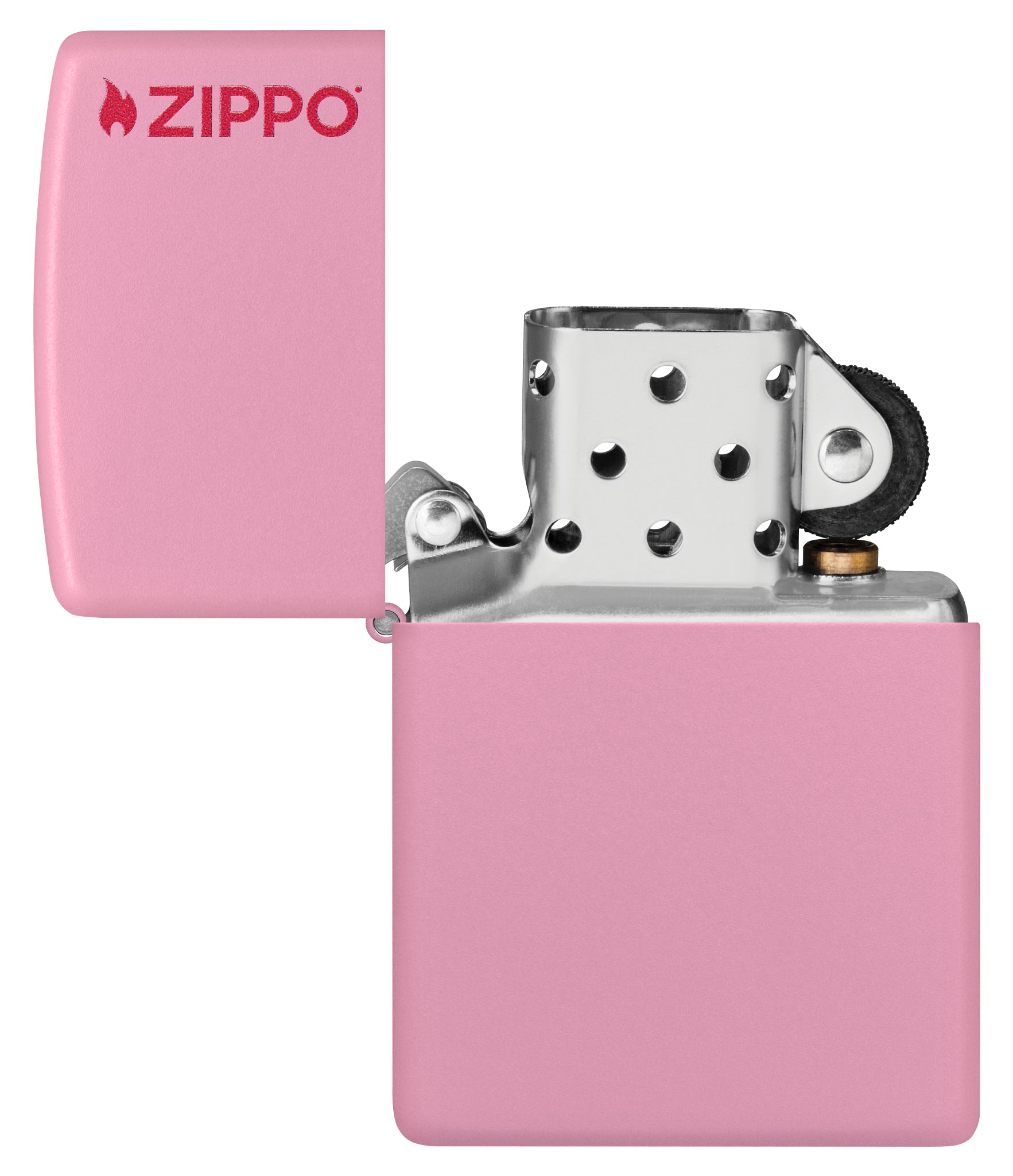 Classic Pink Matte Zippo Logo Windproof Lighter with its lid open and unlit.
