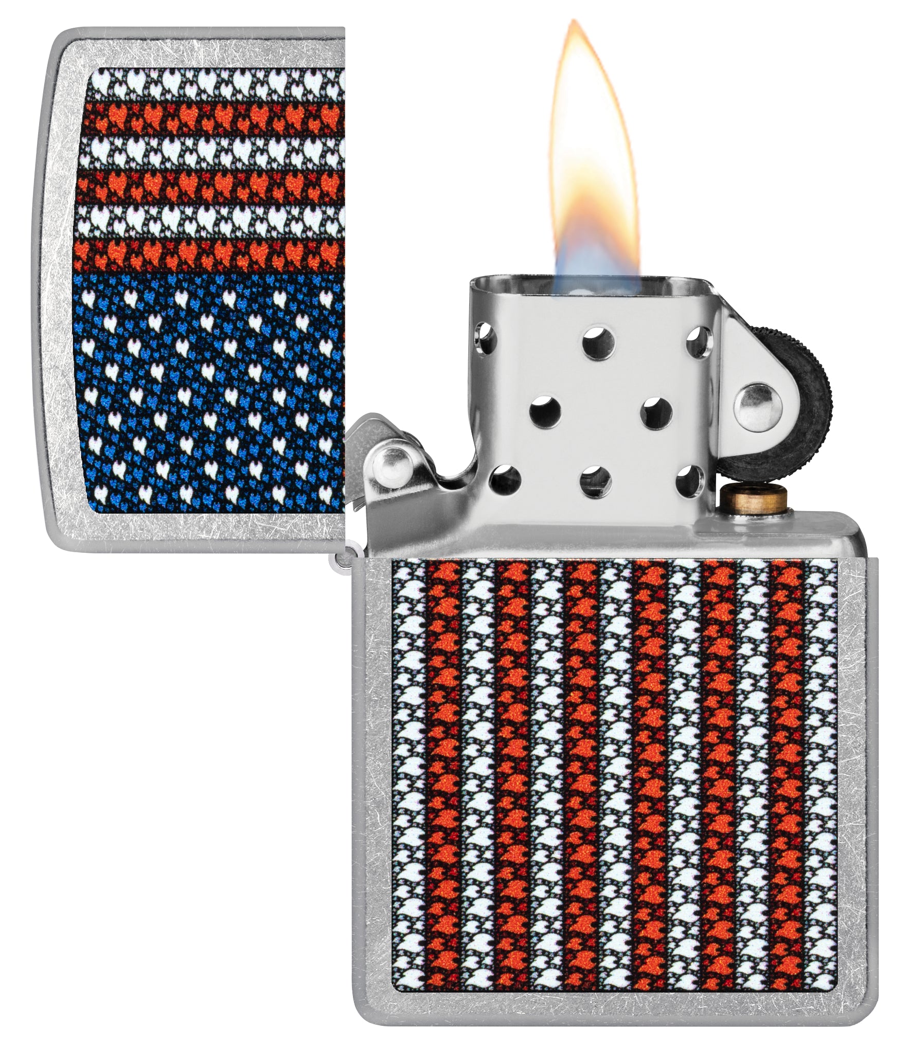 Zippo Flame Spangled Banner Design Street Chrome Windproof Lighter with its lid open and lit.