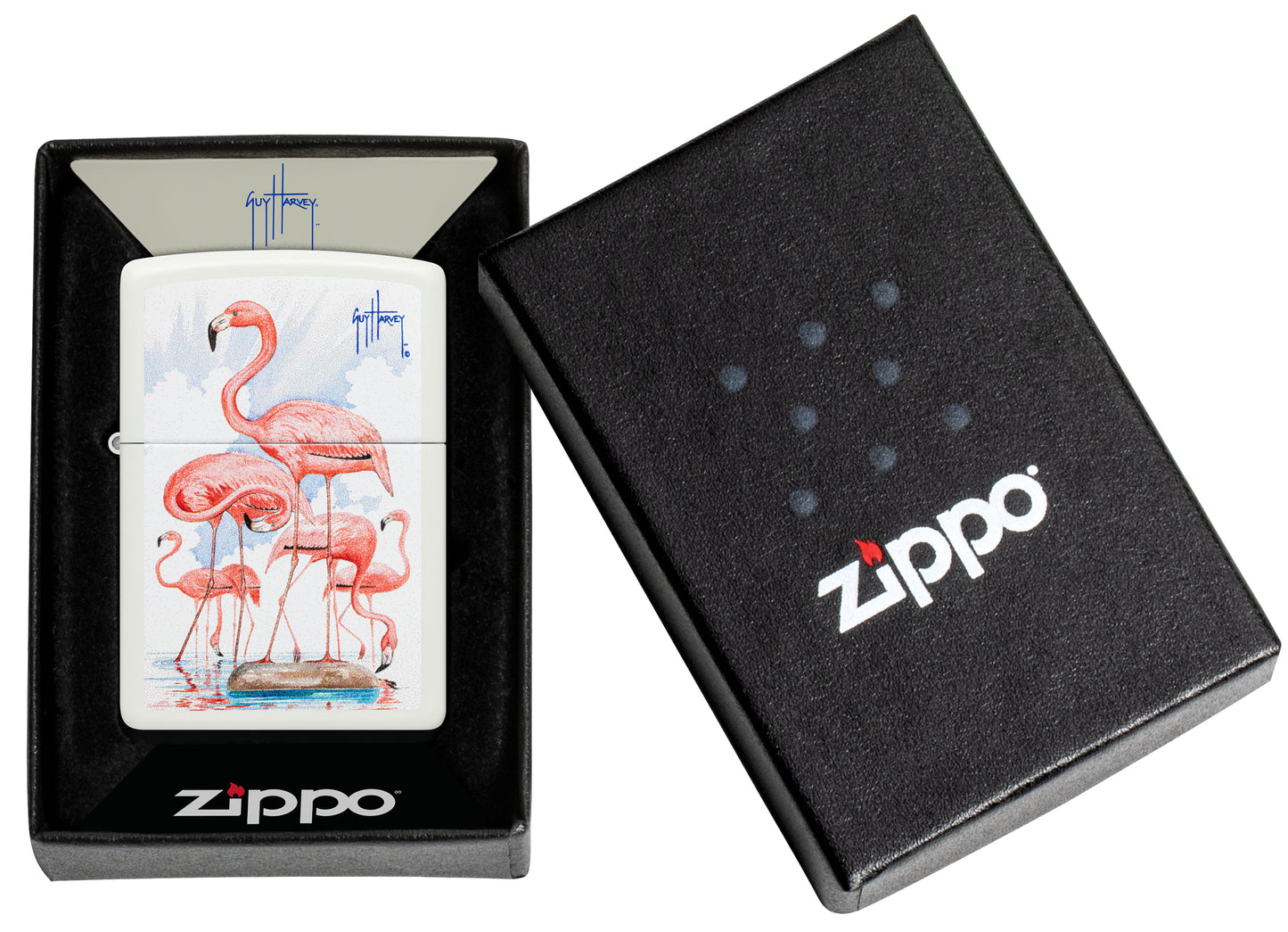 Zippo Guy Harvey Flamingos Design White Matte Windproof Lighter in its packaging.