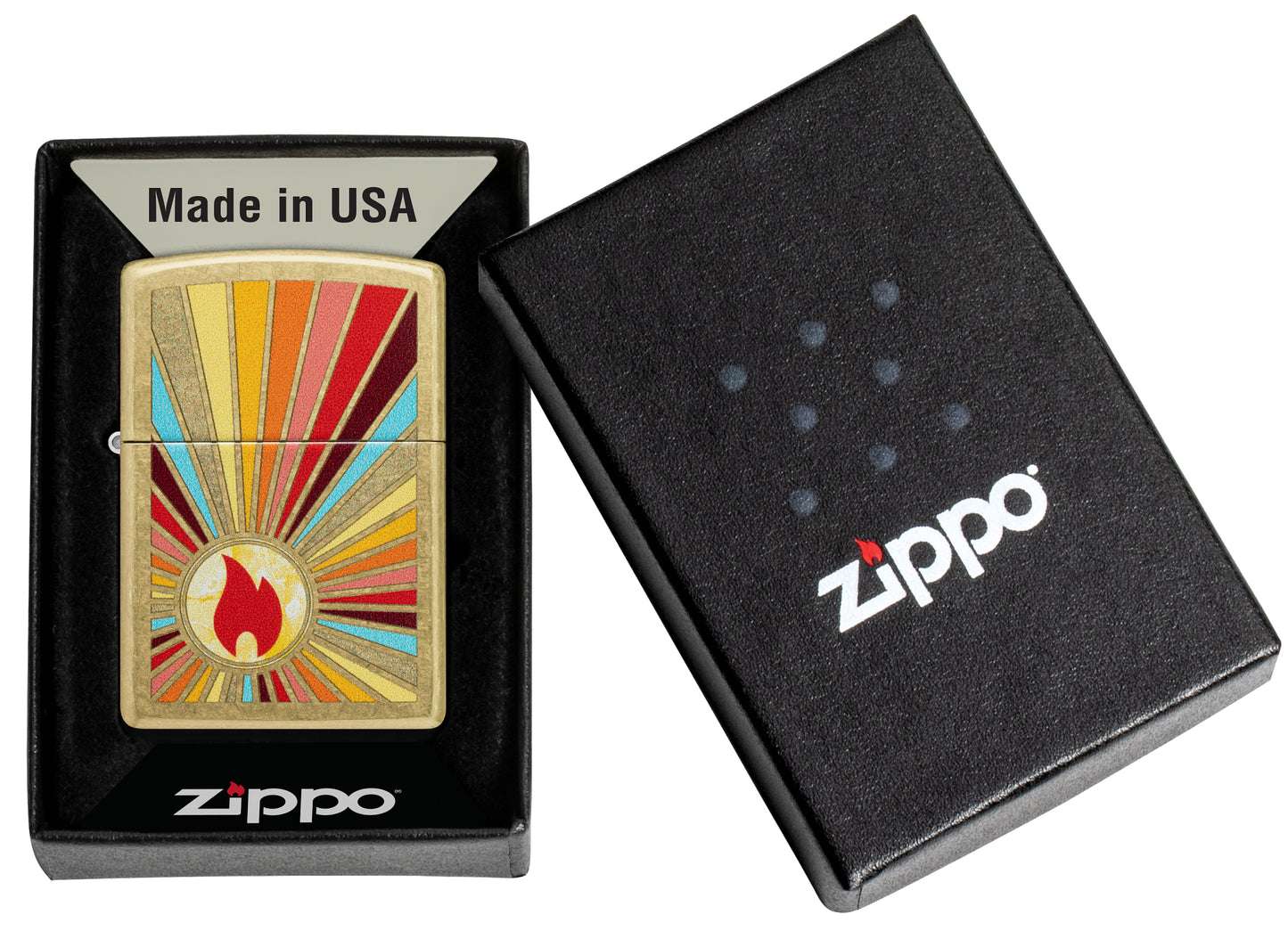 Zippo Beaming Flame Design Street Brass Windproof Lighter in its packaging.