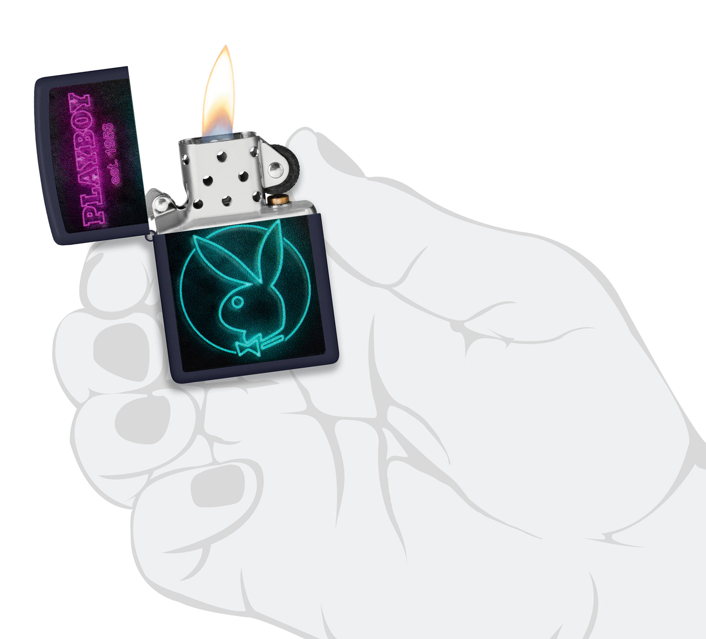 Zippo Playboy Neon Design Navy Matte Windproof Lighter lit in hand.