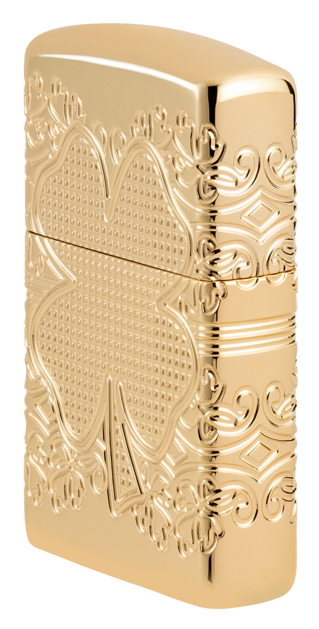 Angled shot of Zippo Lucky Clover Design Armor® High Polish Gold Plate Windproof Lighter showing the front and right side of the lighter.