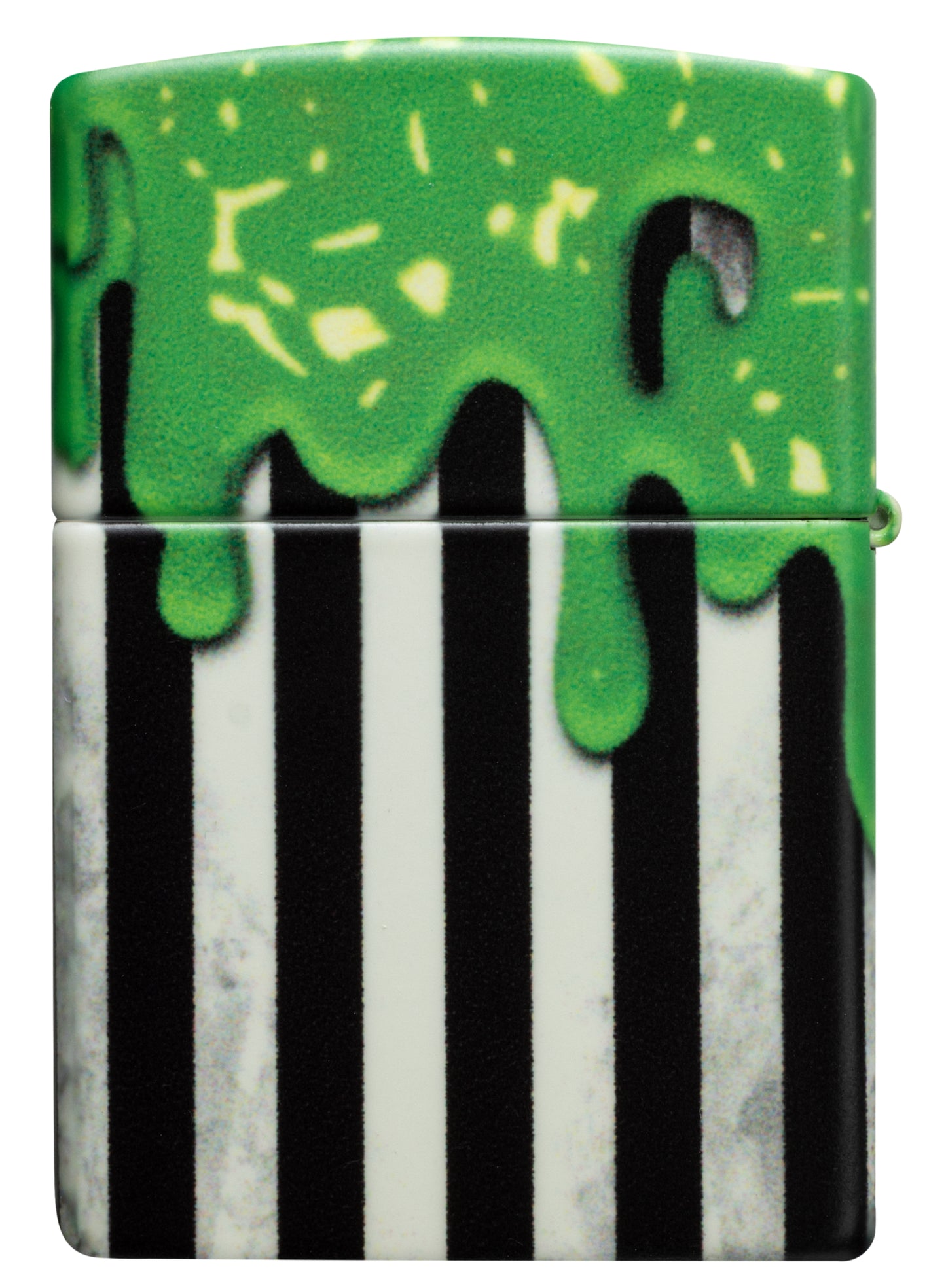 Back view of Zippo Glowing Goo Design Glow-in-the-Dark Green Windproof Lighter.