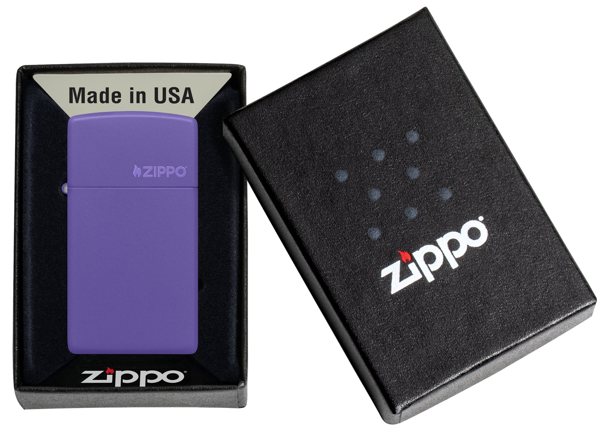 Slim® Purple Matte Zippo Logo Windproof Lighter in its packaging.
