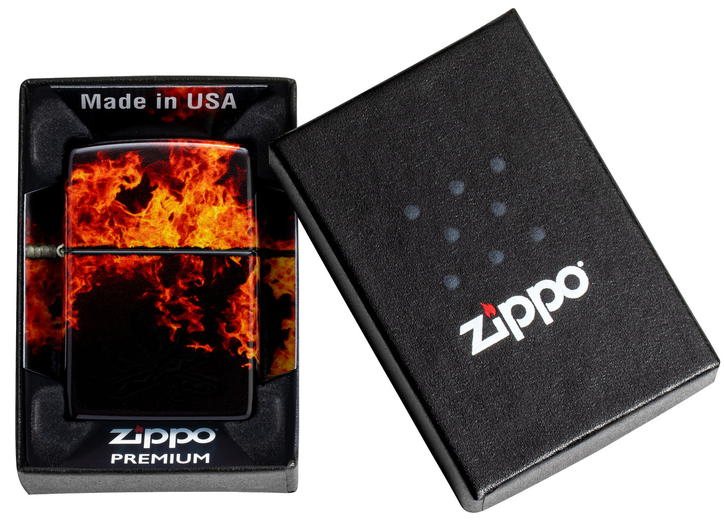 Zippo Fusion Inferno Design 540 Tumbled Brass Windproof Lighter in its packaging.