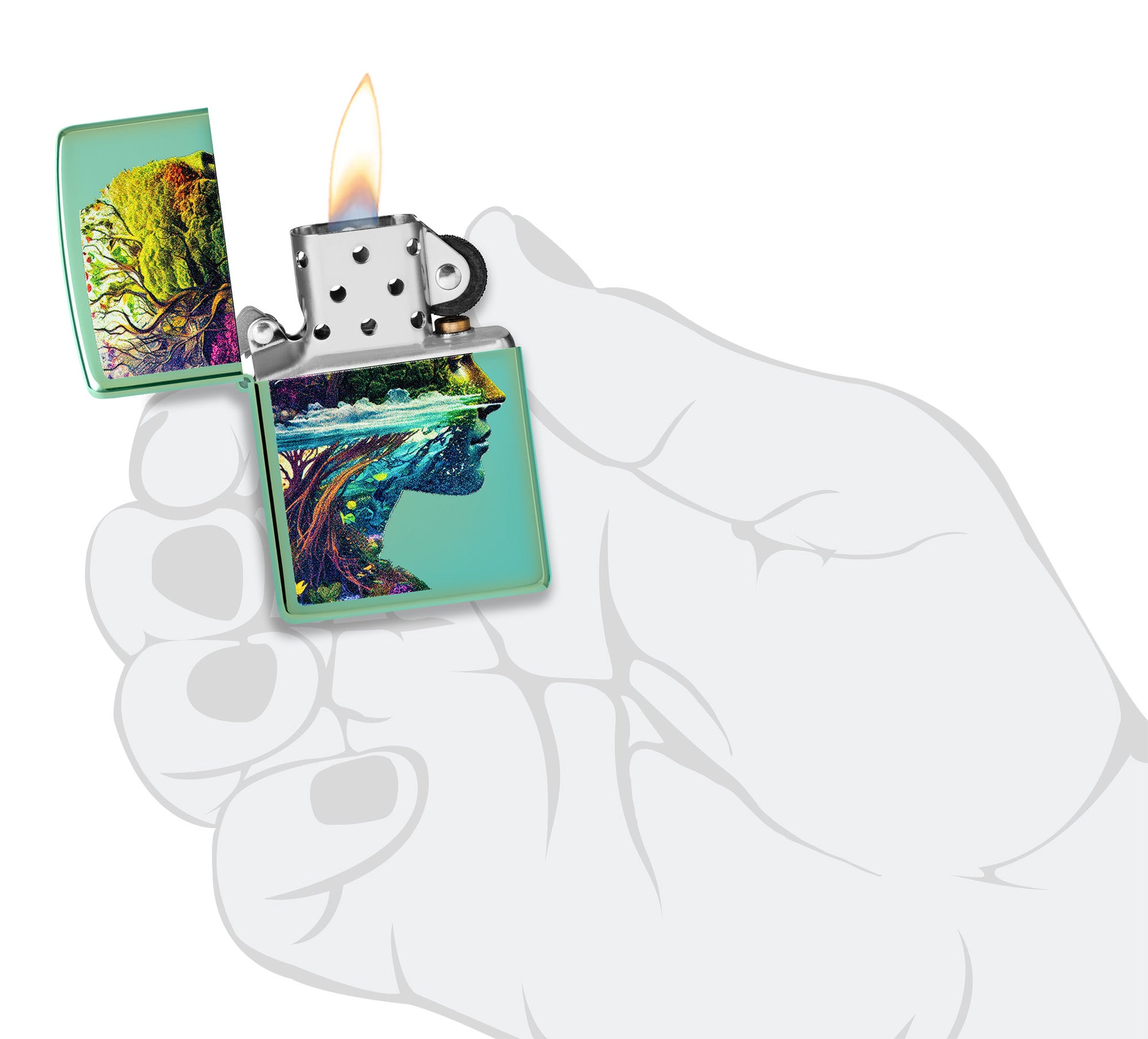 Zippo One with Nature Design High Polish Green Windproof Lighter lit in hand.