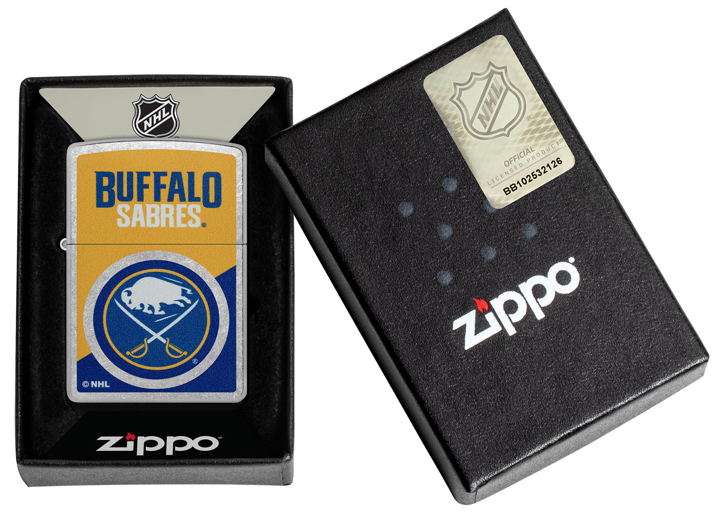 Zippo NHL® Buffalo Sabres® 2024 Street Chrome™ Windproof Lighter in its packaging.