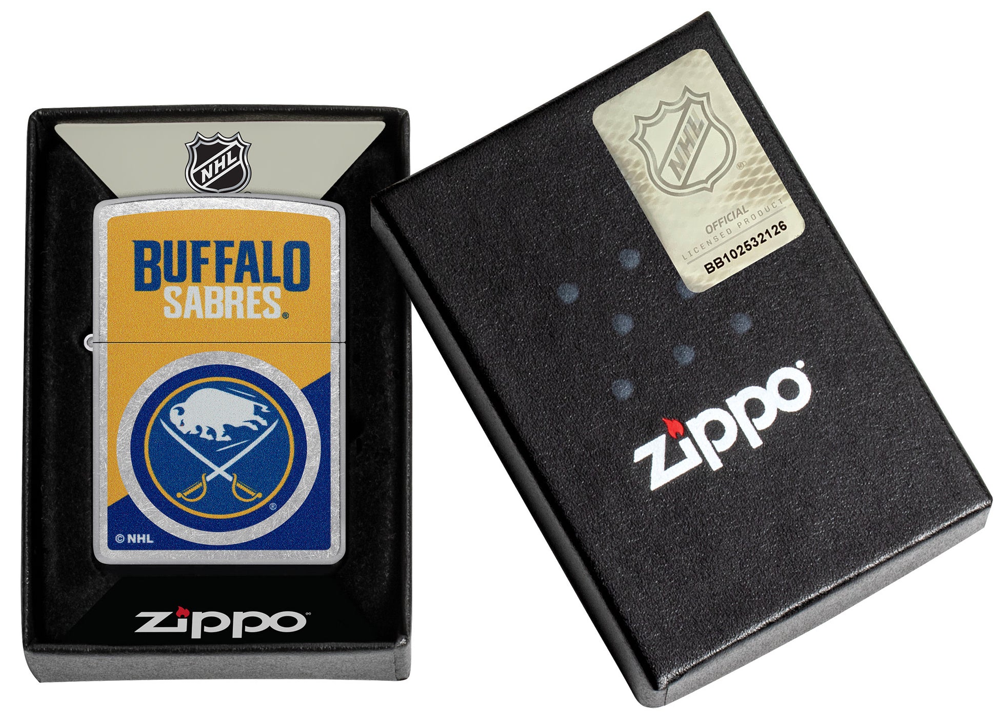 Zippo NHL® Buffalo Sabres® 2024 Street Chrome™ Windproof Lighter in its packaging.