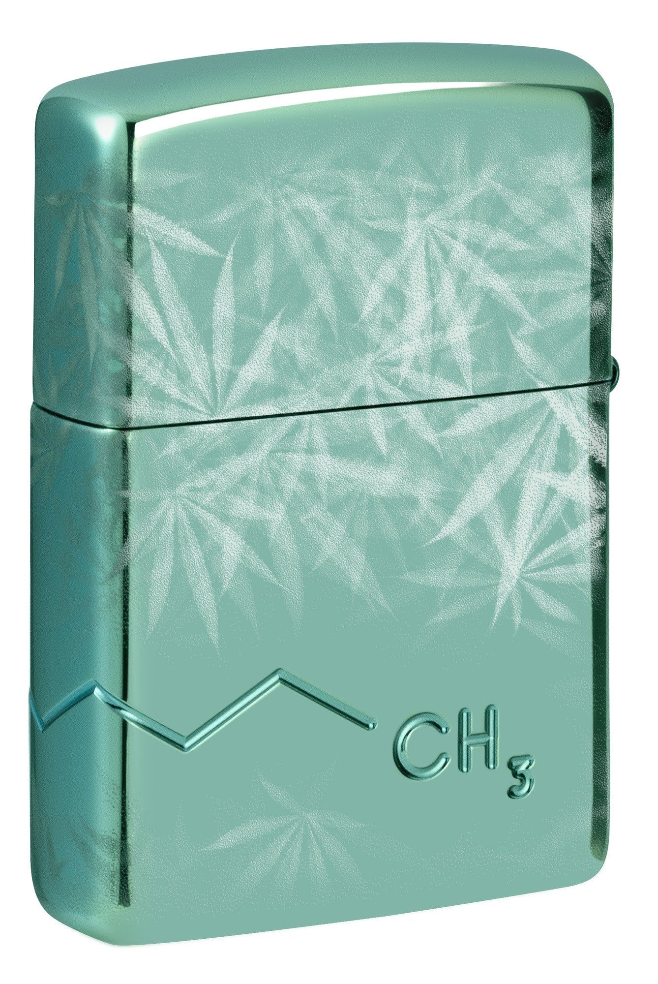 Back shot of Zippo Cannabis Compound Design Armor® High Polish Green Windproof Lighter standing at a 3/4 angle.