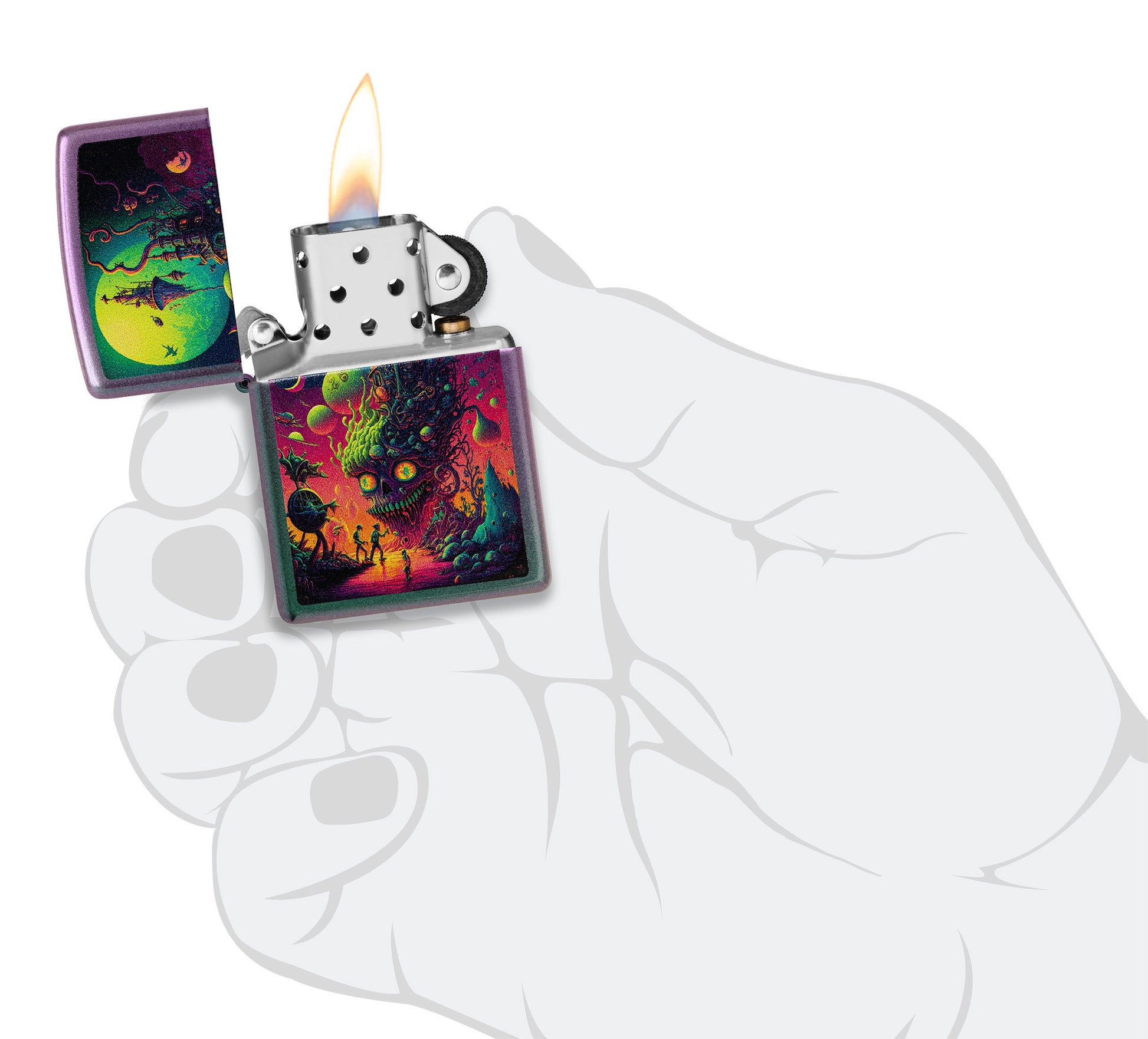 Zippo Distant Lands Design Iridescent Windproof Lighter lit in hand.
