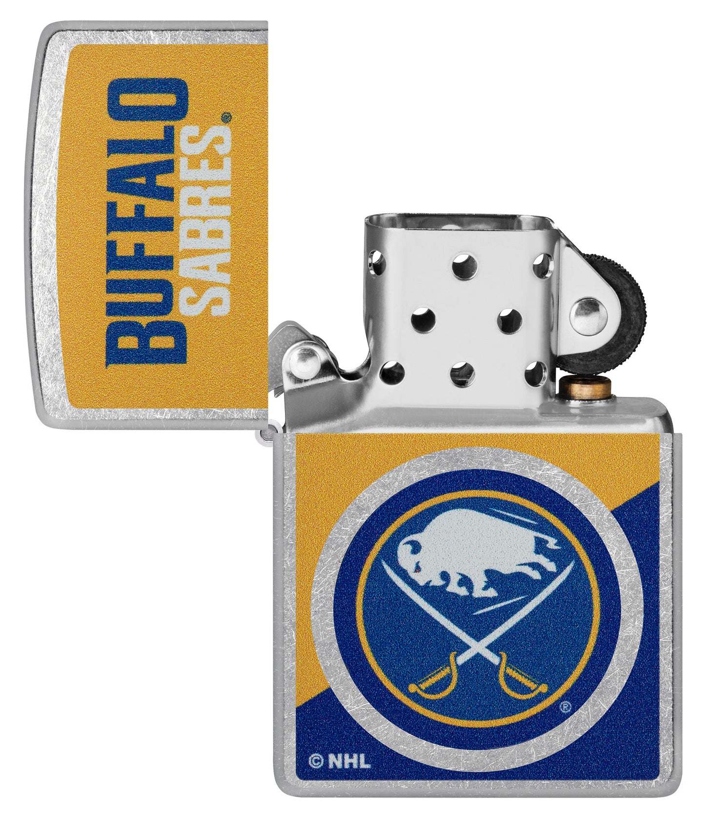 Zippo NHL® Buffalo Sabres® 2024 Street Chrome™ Windproof Lighter lit in hand.