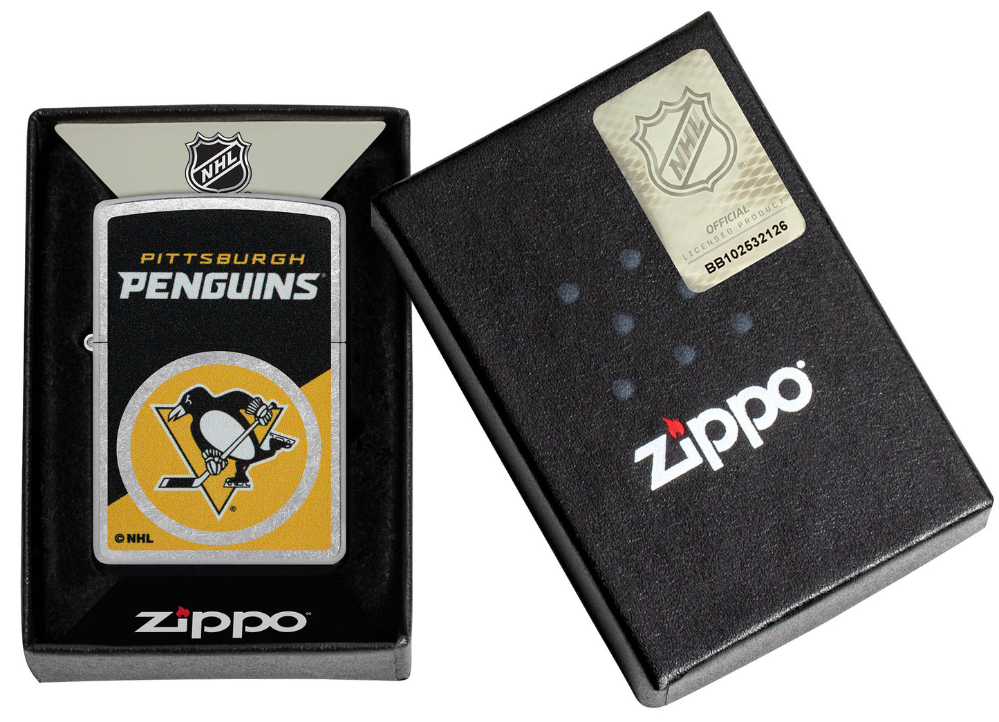 Zippo NHL® Pittsburgh Penguins® 2024 Street Chrome™ Windproof Lighter in its packaging.