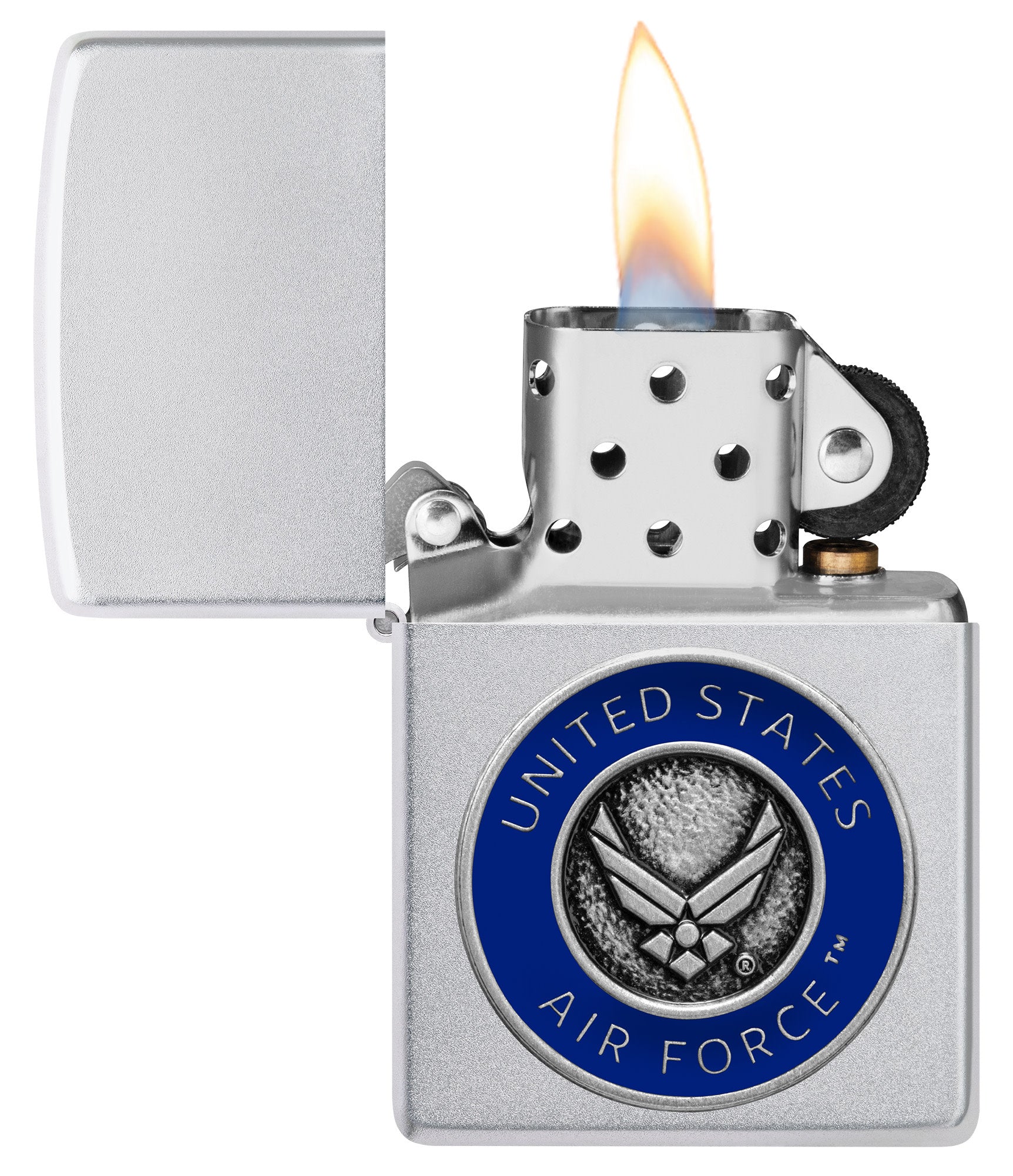 Zippo United States Air Forceâ„¢ Emblem Satin Chrome Windproof Lighter with its lid open and lit.