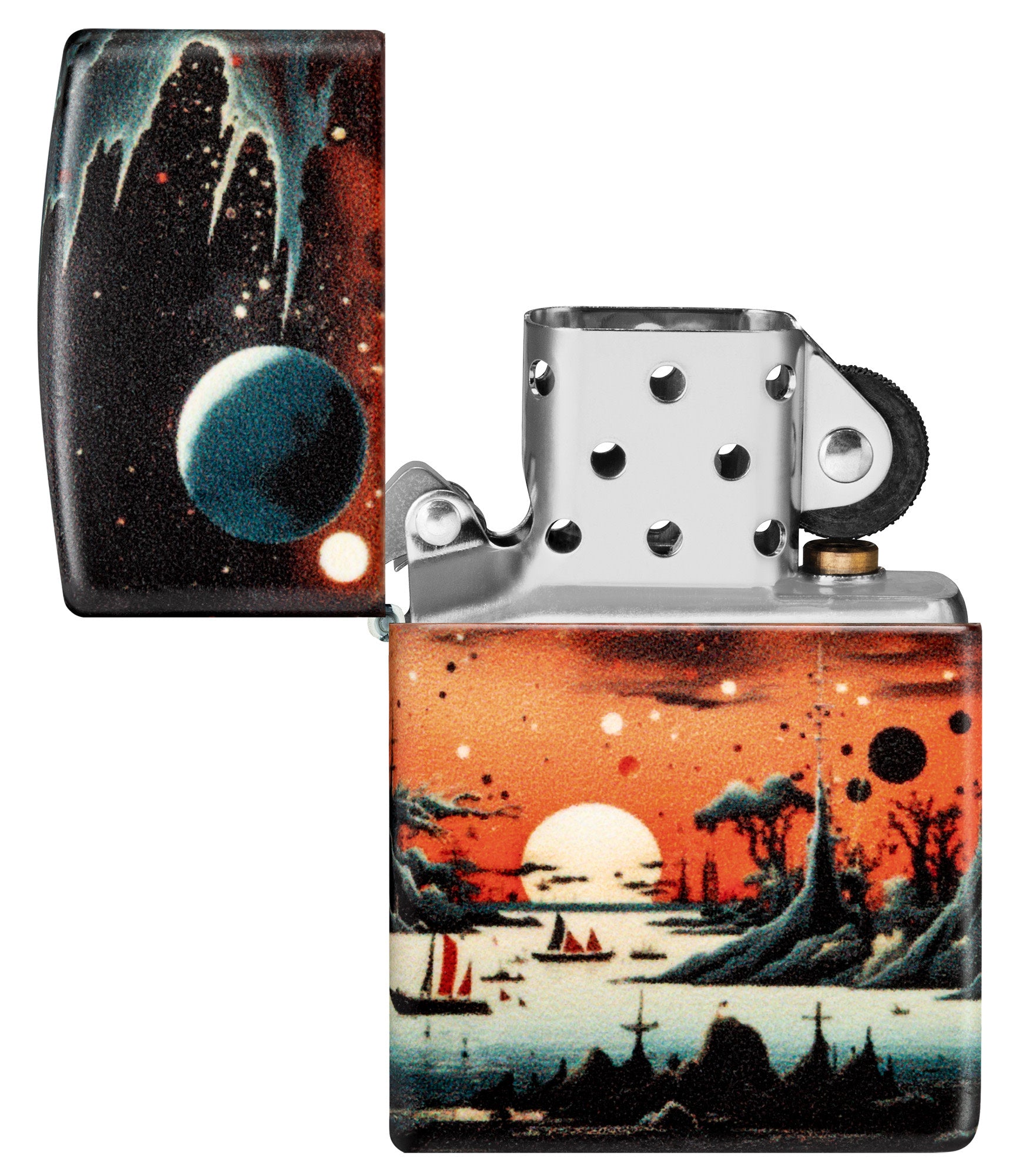Zippo Galactic Landscape Design 540 Matte Windproof Lighter with its lid open and unlit.
