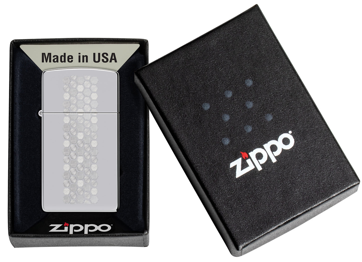 Zippo Slim® Honeycomb Design High Polish Chrome Windproof Lighter in its packaging.