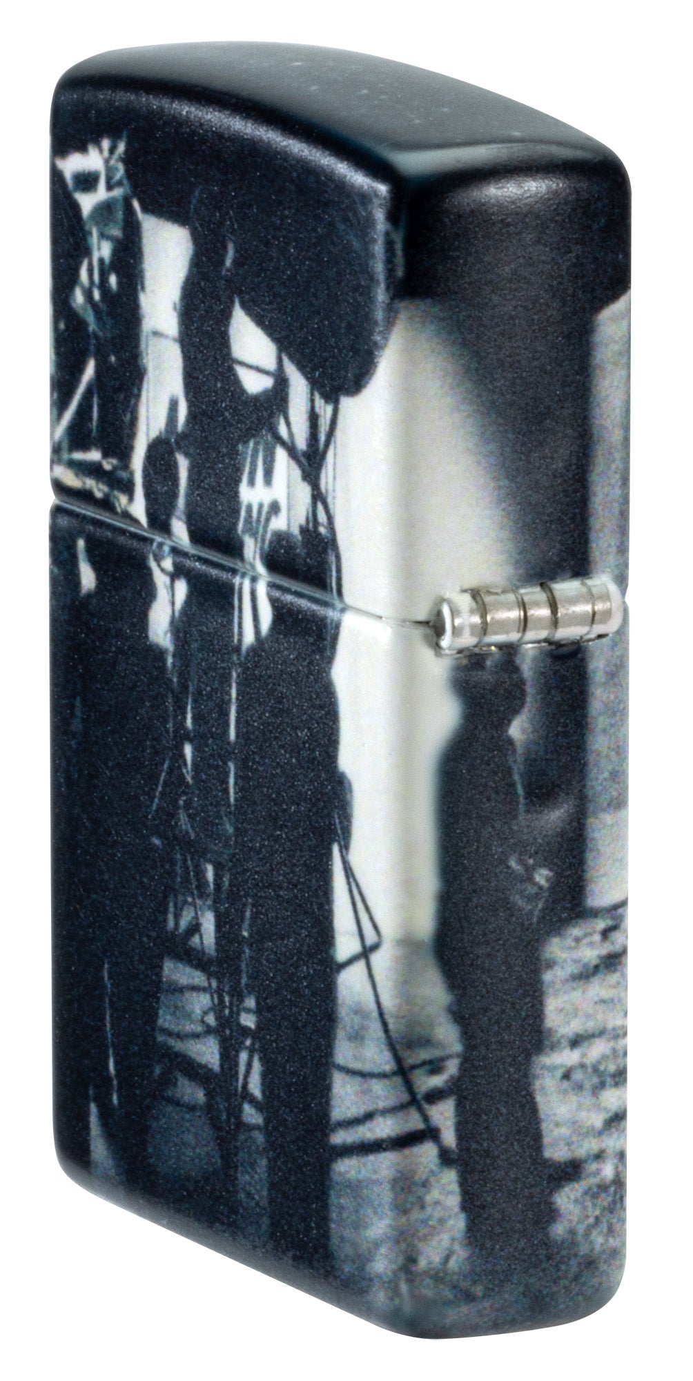 Angled shot of Zippo Astro-not Design 540 Matte Windproof Lighter showing the back and hinge sides of the lighter.