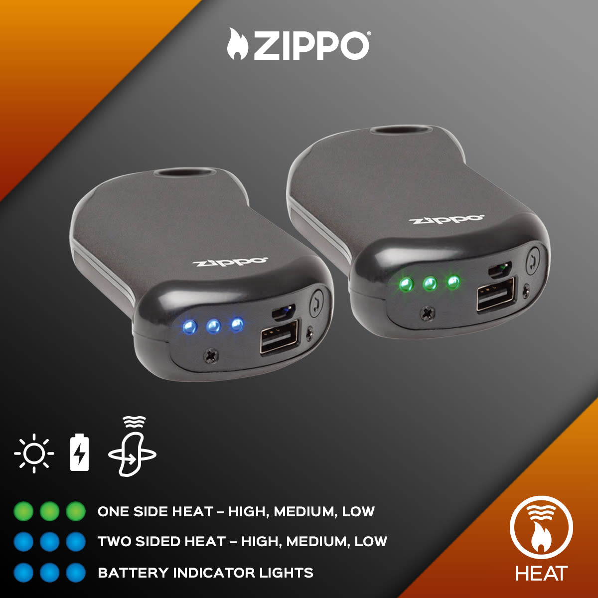 Graphic of Black HeatBank® 9s Rechargeable Hand Warmer showing information on the light indicators.