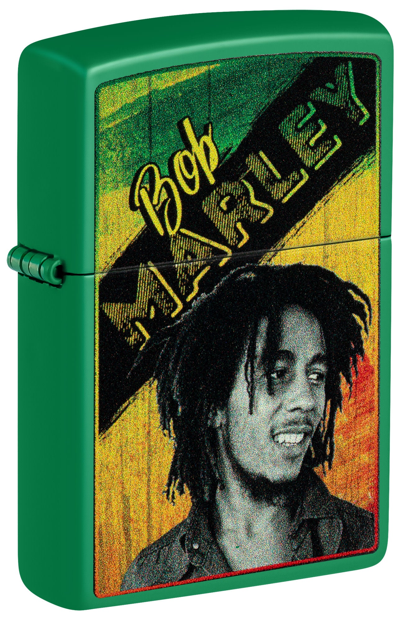 Front shot of Zippo Bob Marley Grass Green Matte Windproof Lighter standing at a 3/4 angle.