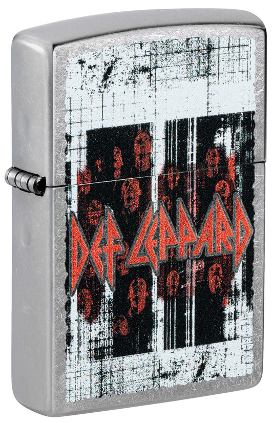 Front shot of Zippo Def Leppard Logo Design Street Chrome Windproof Lighter standing at a 3/4 angle.