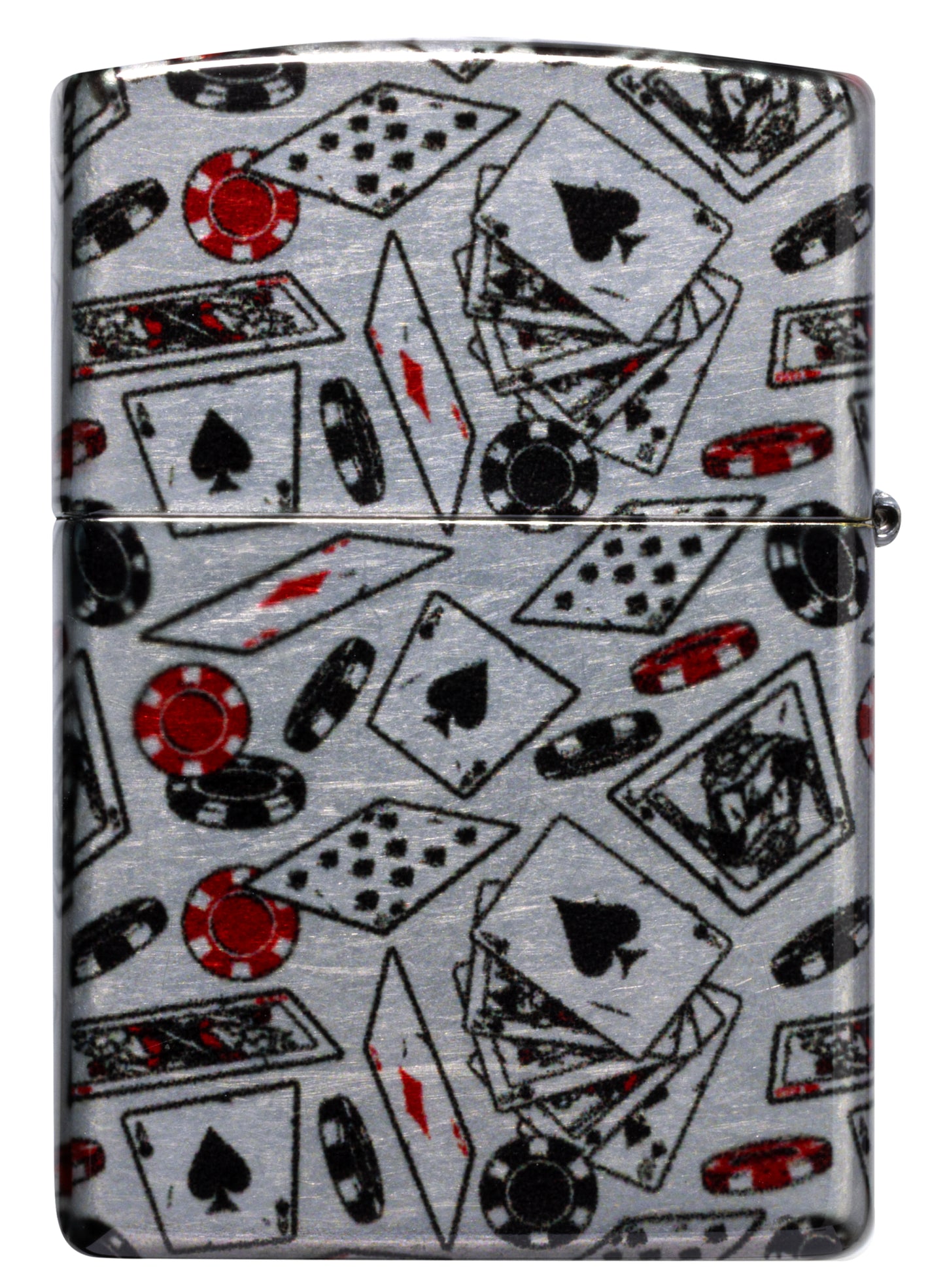 Back view of Zippo Let the Chips Fall Design 540 Tumbled Chrome Windproof Lighter.