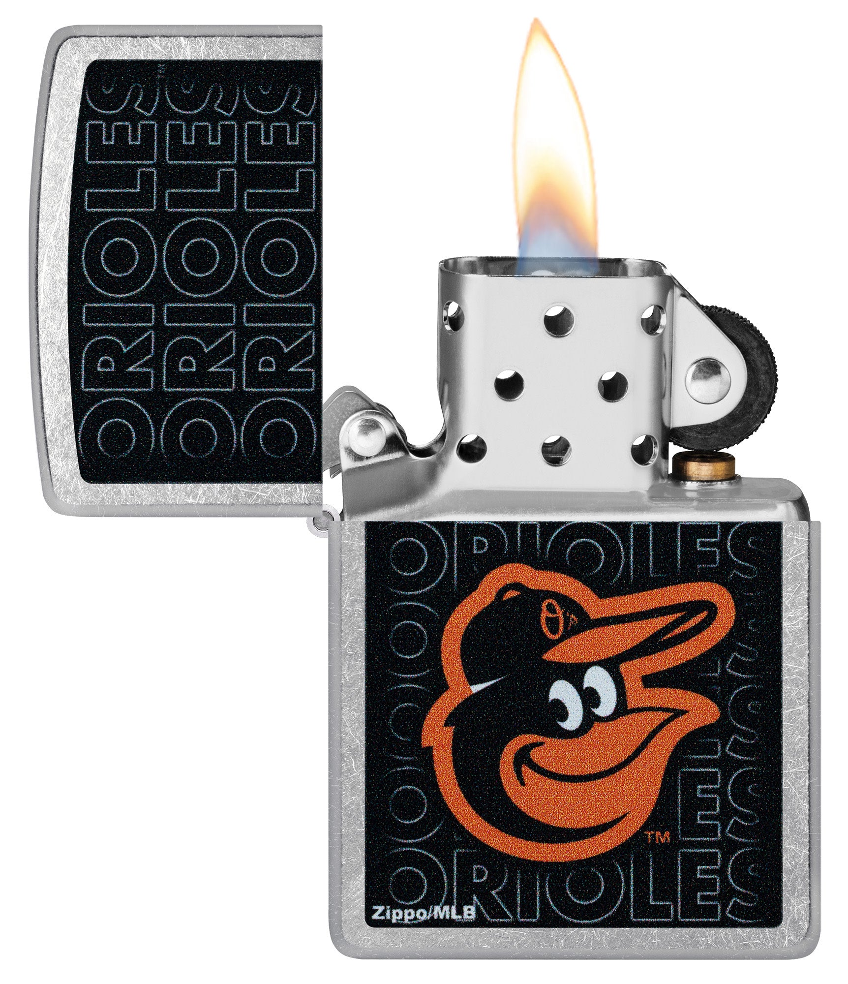 Zippo MLB® Baltimore Orioles Street Chrome Windproof Lighter with its lid open and lit.