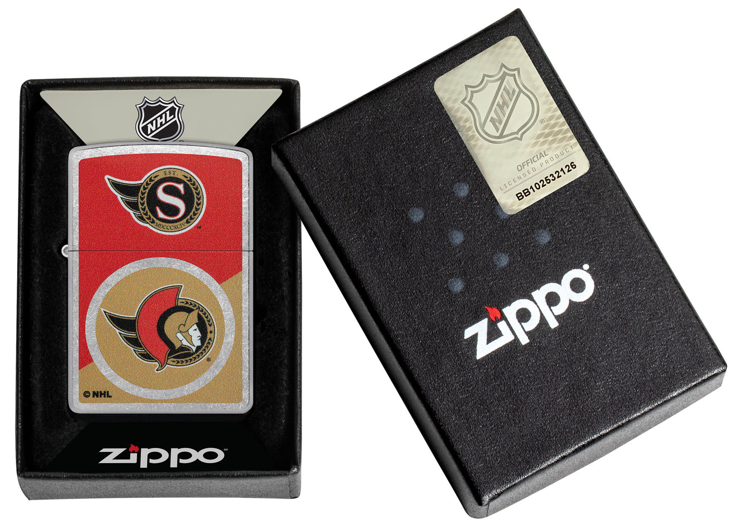 Zippo NHL® Ottawa Senators® 2024 Street Chrome™ Windproof Lighter in its packaging.